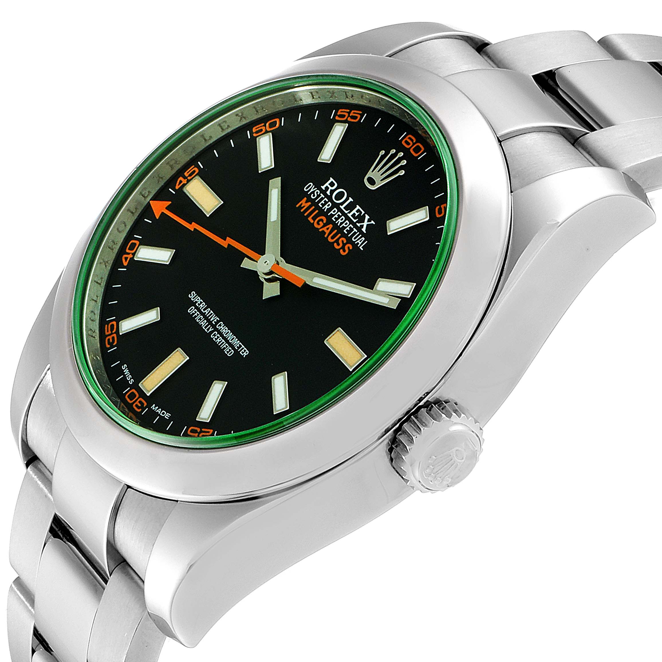 This image shows a side angle of a Rolex Milgauss 116400V Men's Stainless Steel Black Dial 116400V Men's Stainless Steel Black Dial watch, featuring its face, case, and part of the bracelet.