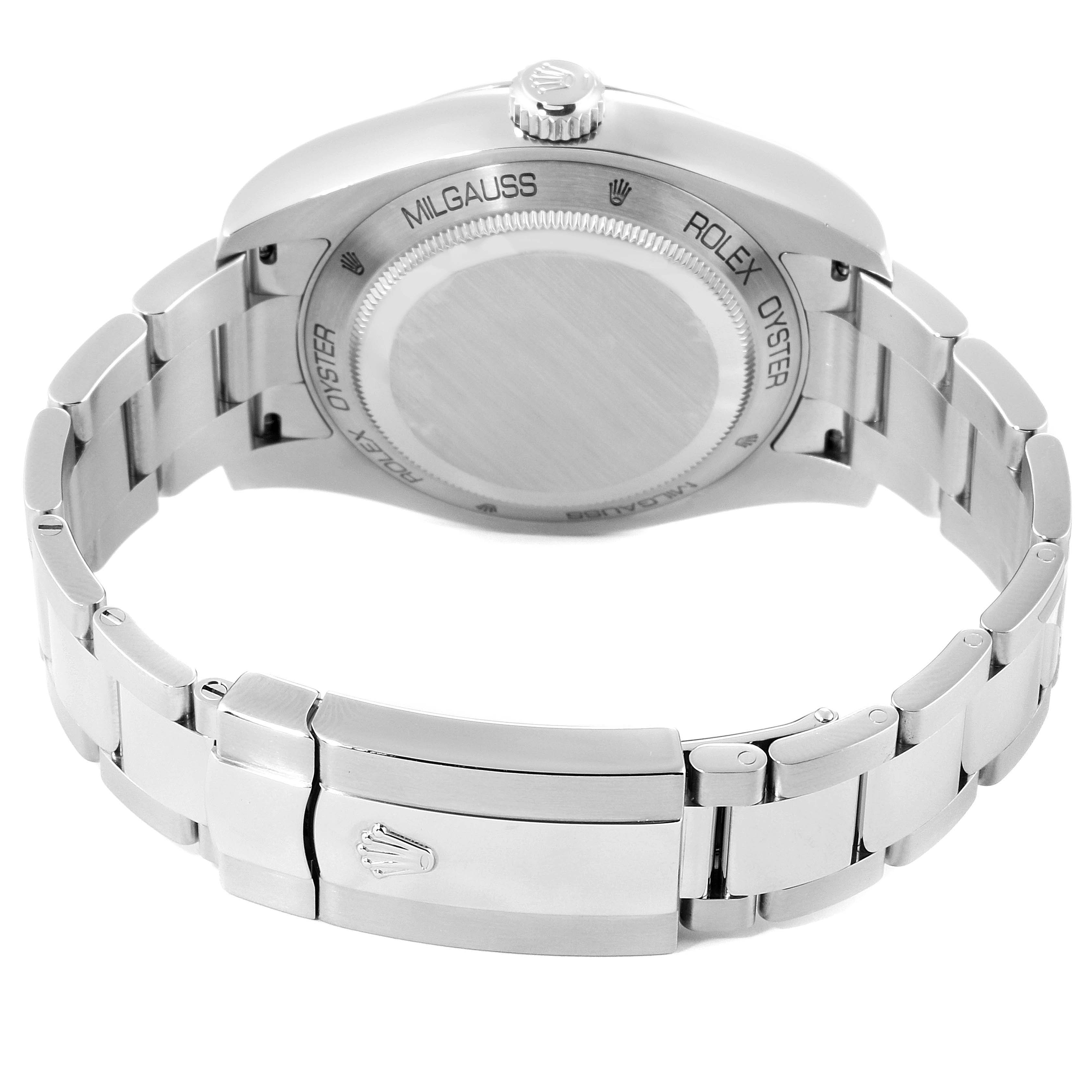 This image shows the back of a Rolex Milgauss 116400V Men's Stainless Steel Black Dial 116400V Men's Stainless Steel Black Dial watch, highlighting the clasp, bracelet, and case back.