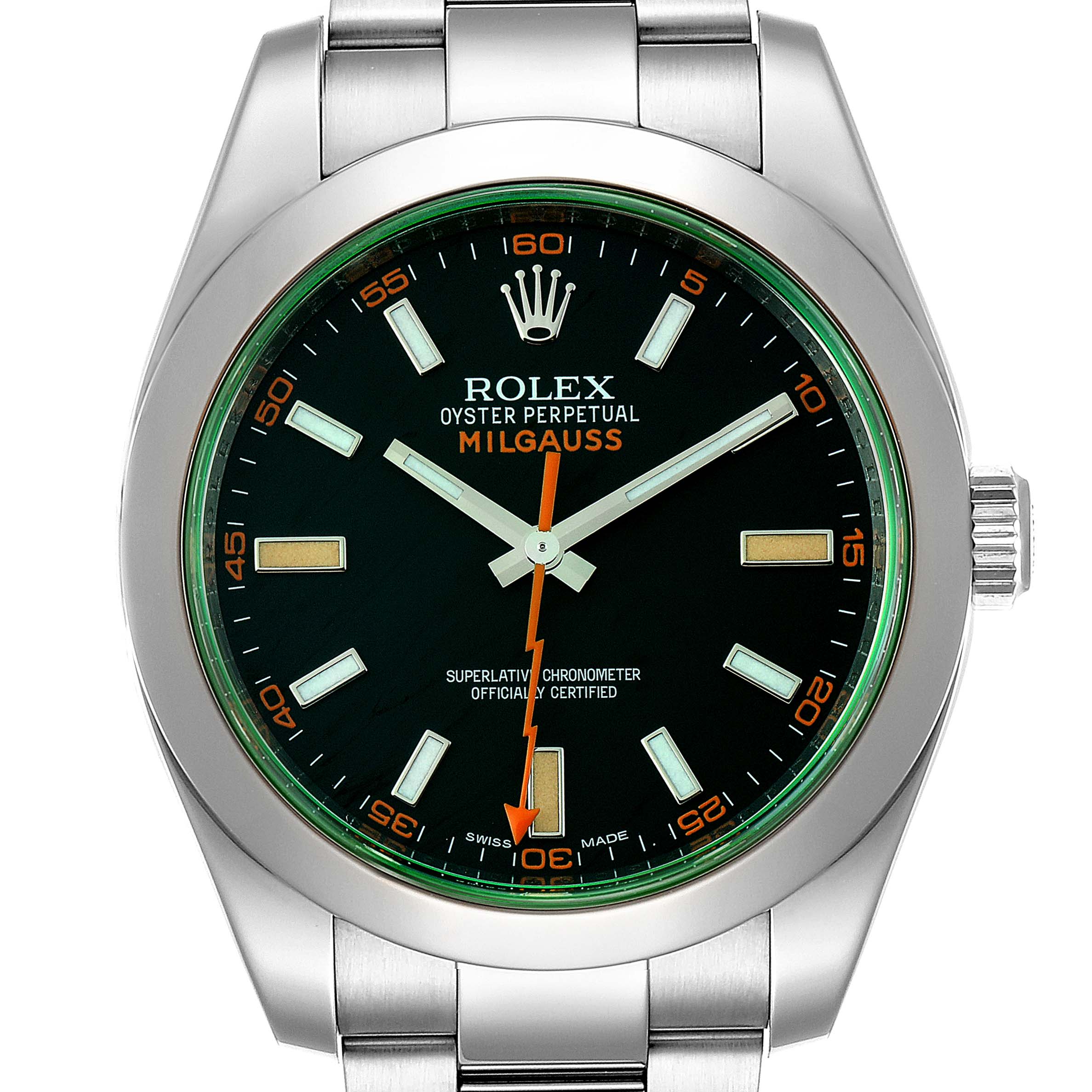 The image shows a front view of the Rolex Milgauss 116400V Men's Stainless Steel Black Dial 116400V Men's Stainless Steel Black Dial watch, highlighting the dial, hands, crown, and a portion of the bracelet.