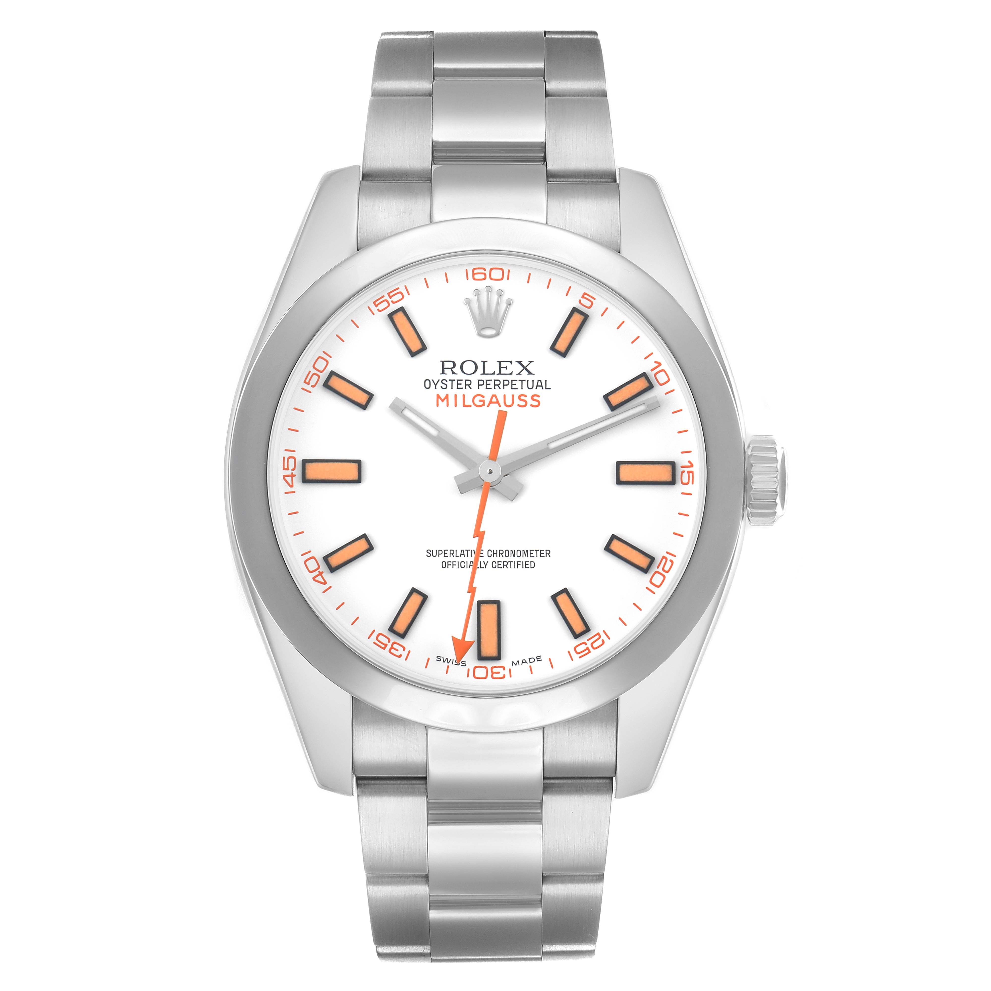 The Rolex Milgauss 116400 Men's Stainless Steel White Dial watch is shown from a front view, highlighting its face, hands, and stainless steel bracelet.