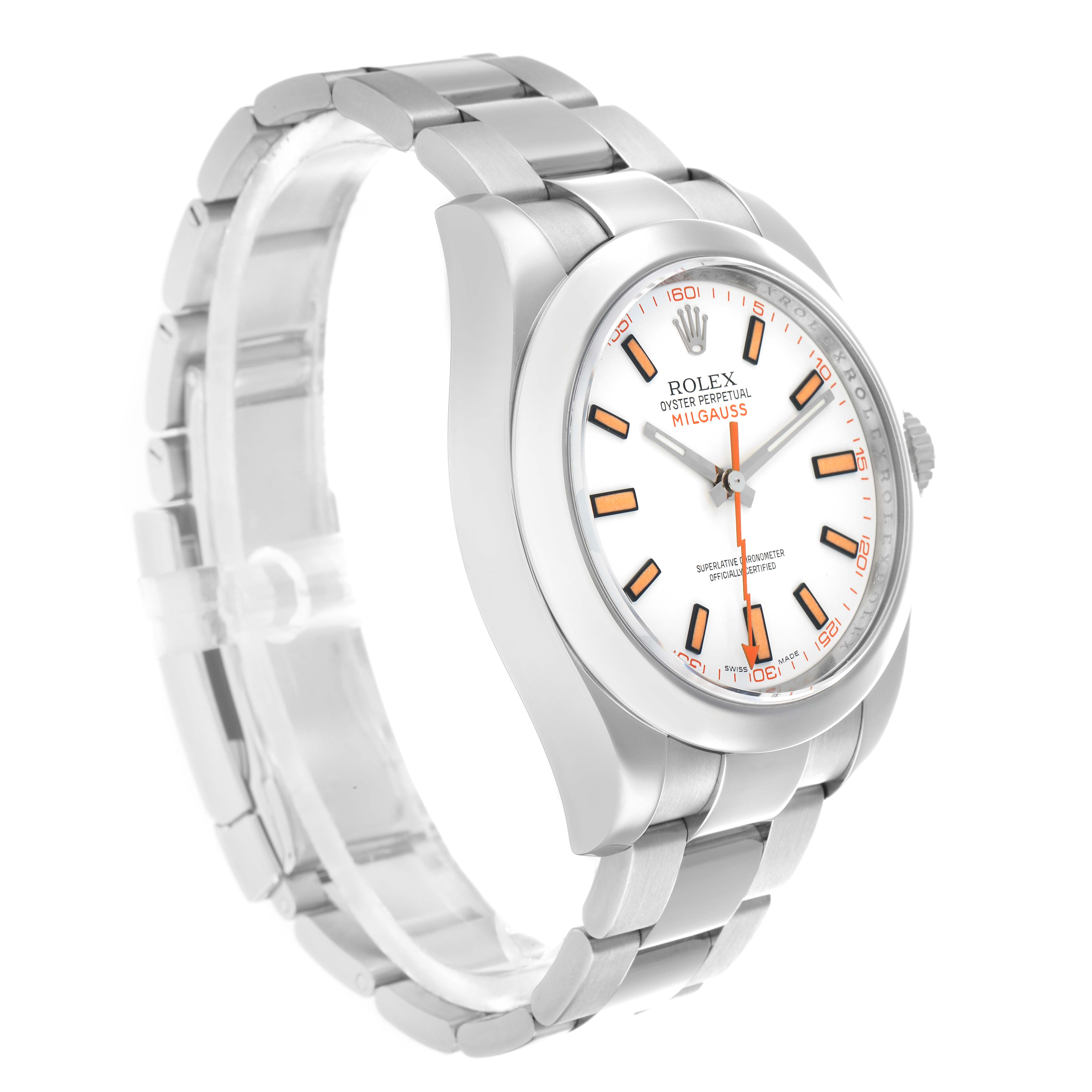 The Rolex Milgauss 116400 Men's Stainless Steel White Dial watch is shown from a three-quarter angle, displaying the face, bezel, case, and bracelet.