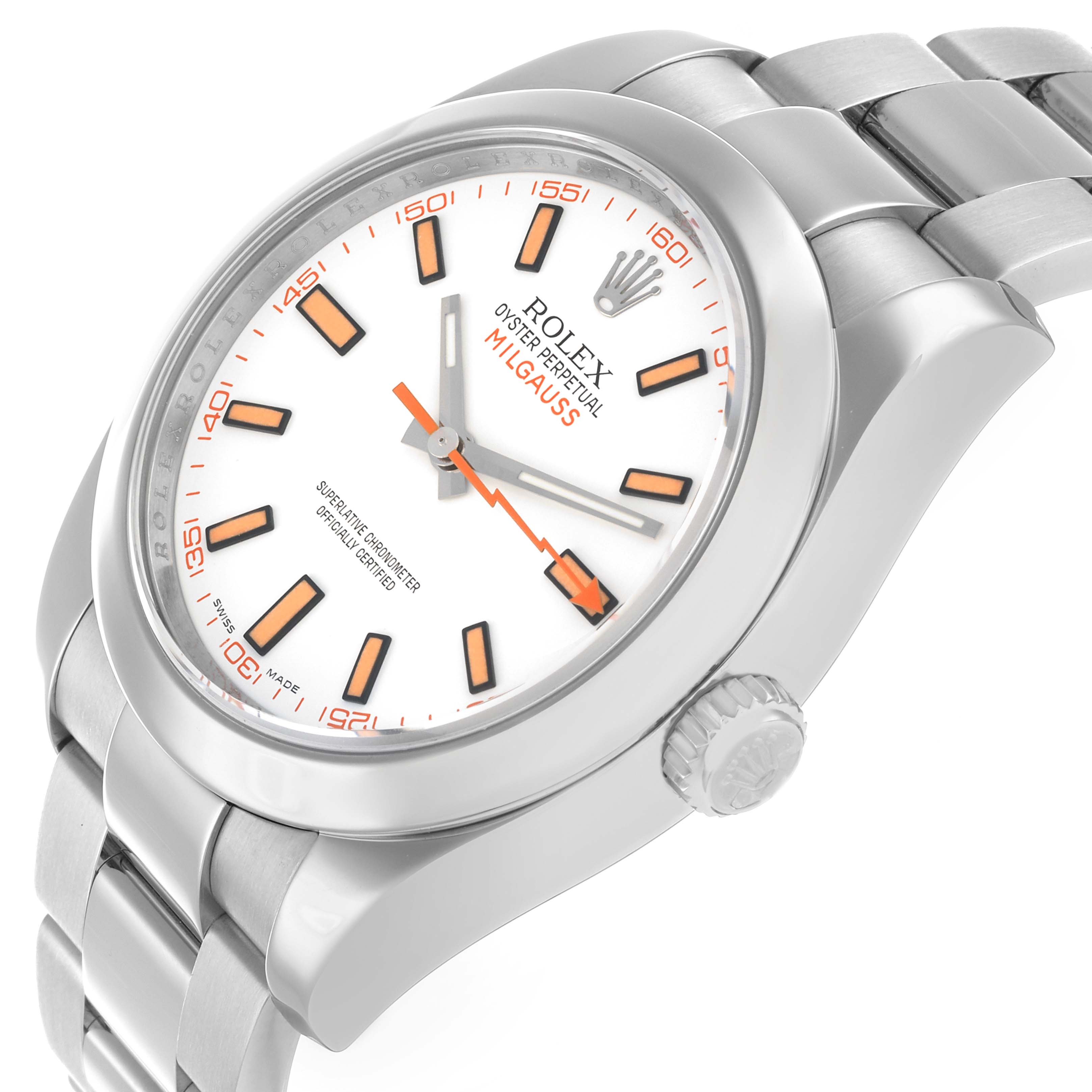 The Rolex Milgauss 116400 Men's Stainless Steel White Dial watch is shown at a slight angle, displaying the dial, bezel, crown, and part of the bracelet.