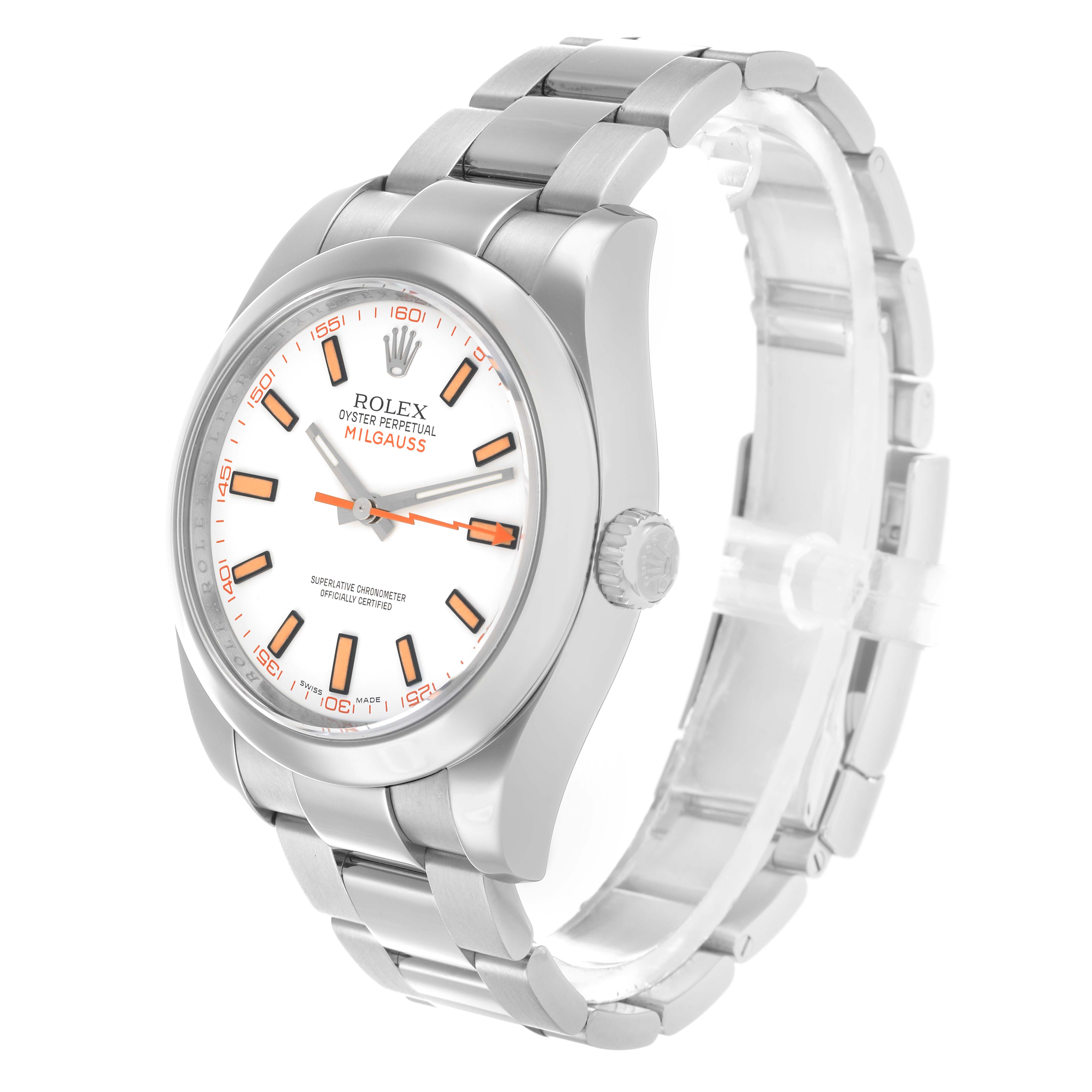 The Rolex Milgauss 116400 Men's Stainless Steel White Dial watch is shown at a three-quarter angle, displaying the face, bezel, crown, and part of the bracelet.