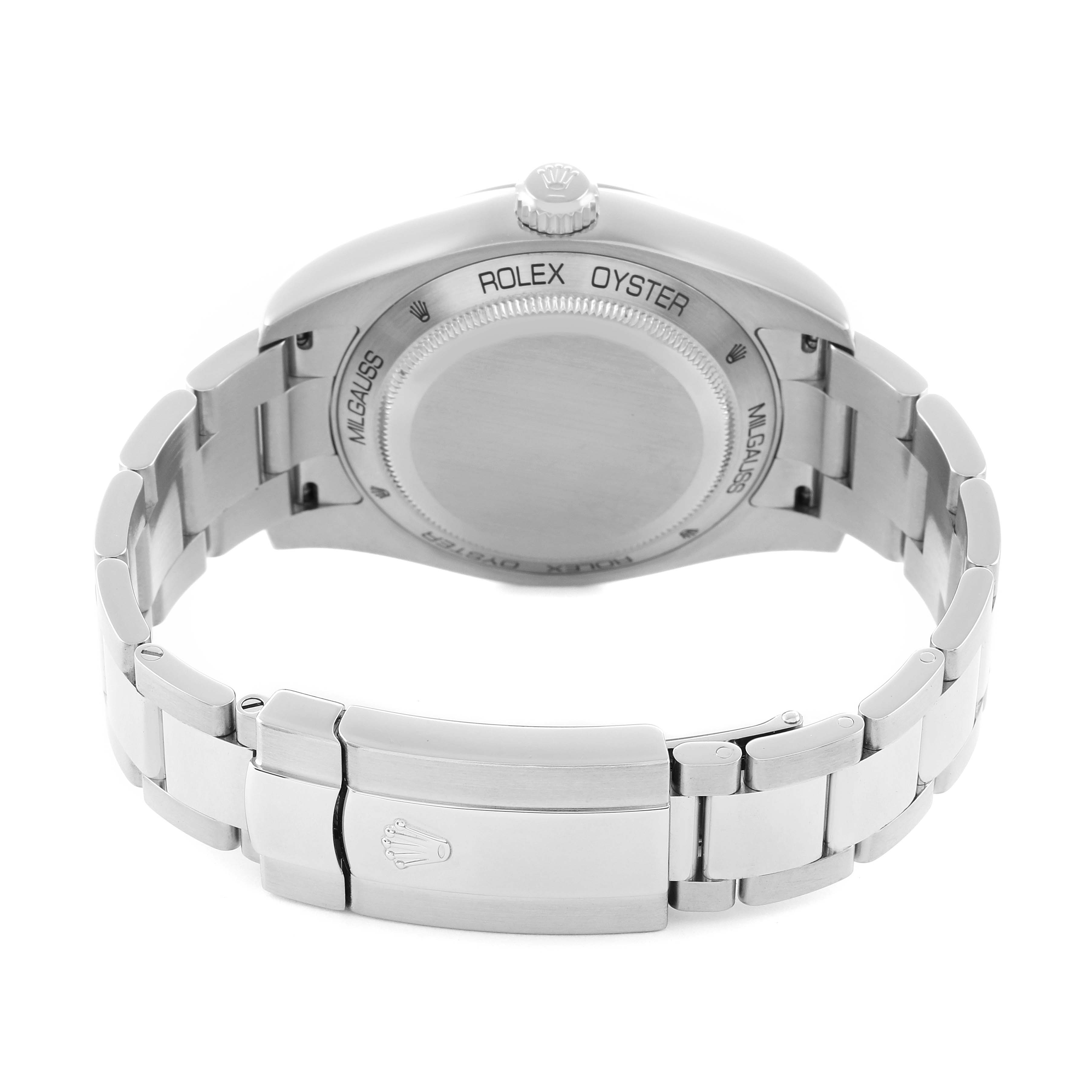 The image shows the back view of a Rolex Milgauss 116400 Men's Stainless Steel White Dial watch, highlighting the case back, bracelet, and clasp.