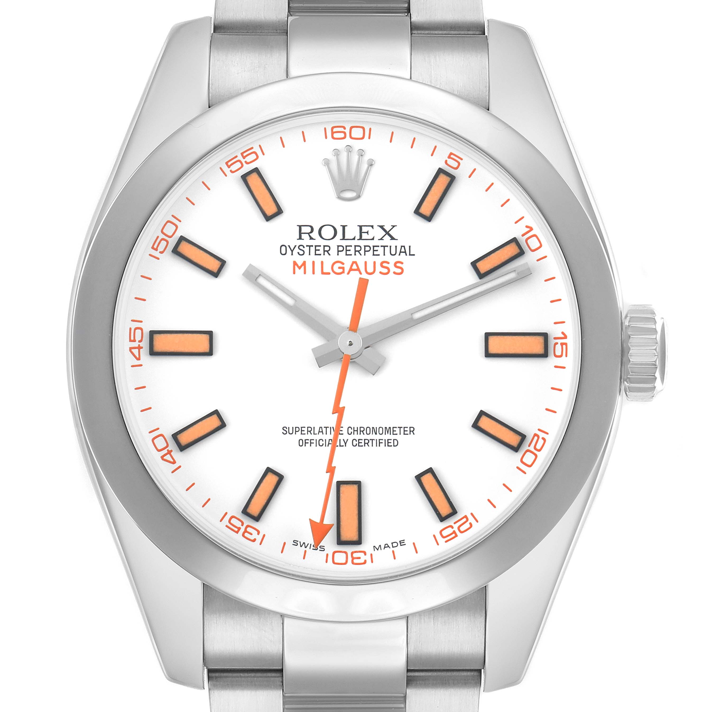 The Rolex Milgauss 116400 Men's Stainless Steel White Dial watch is shown in a front-facing angle, displaying the entire dial and part of the bracelet.