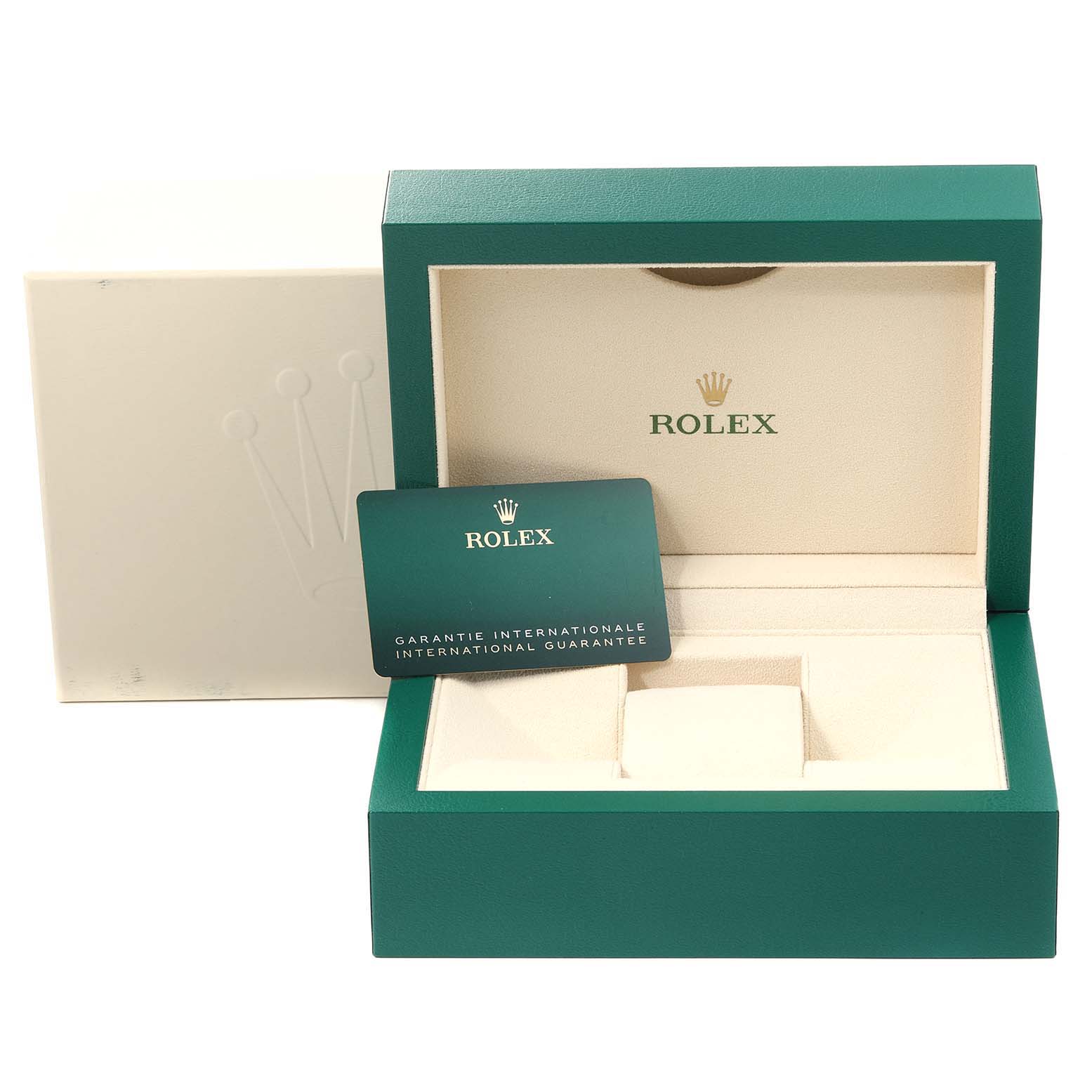 The image shows the open box and international guarantee card for the Rolex Oyster Perpetual 124200 Men's Stainless Steel Silver Dial 124200 Men's Stainless Steel Silver Dial watch.