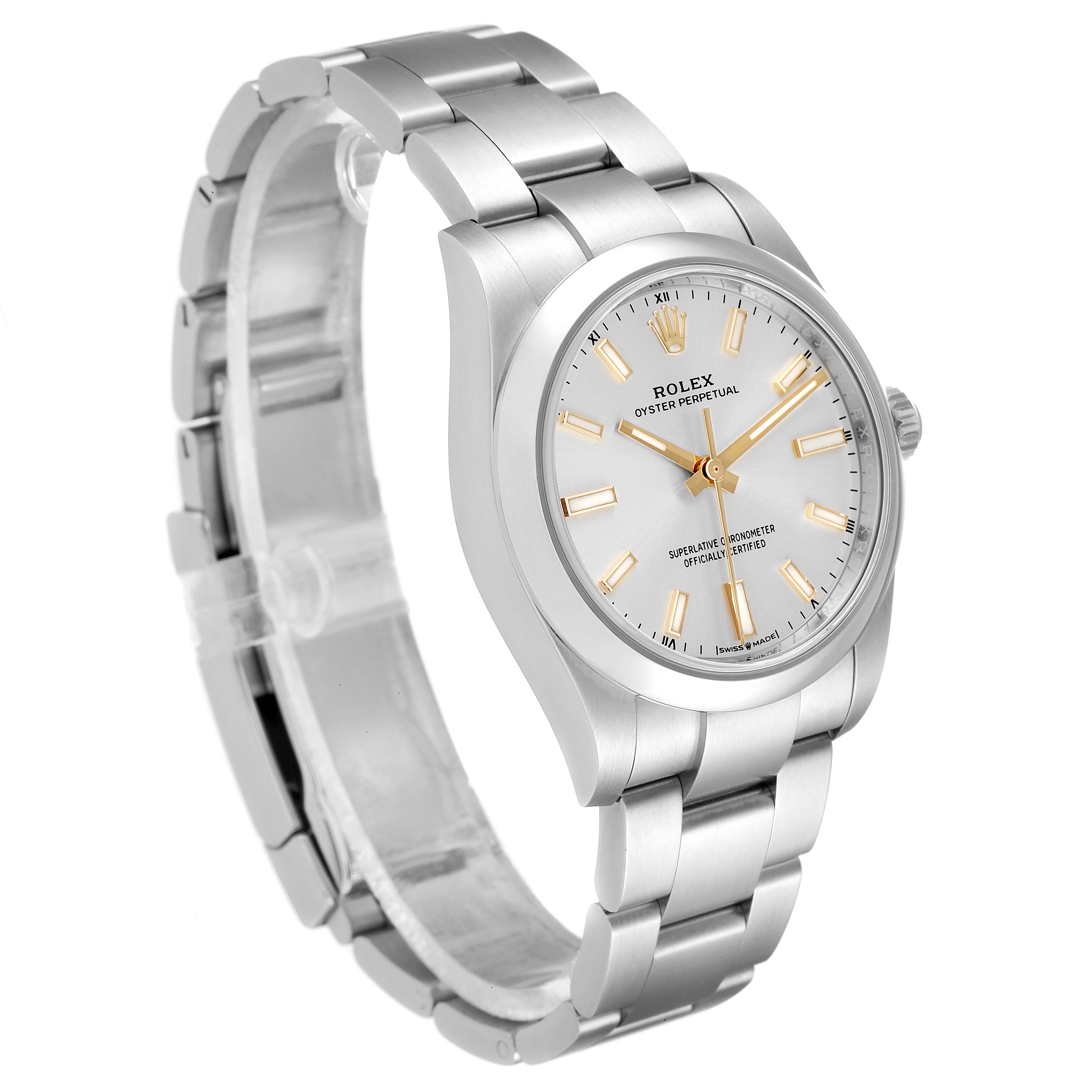 This Rolex Oyster Perpetual 124200 Men's Stainless Steel Silver Dial 124200 Men's Stainless Steel Silver Dial watch is shown from a slight side angle, displaying the face, bracelet, and crown.