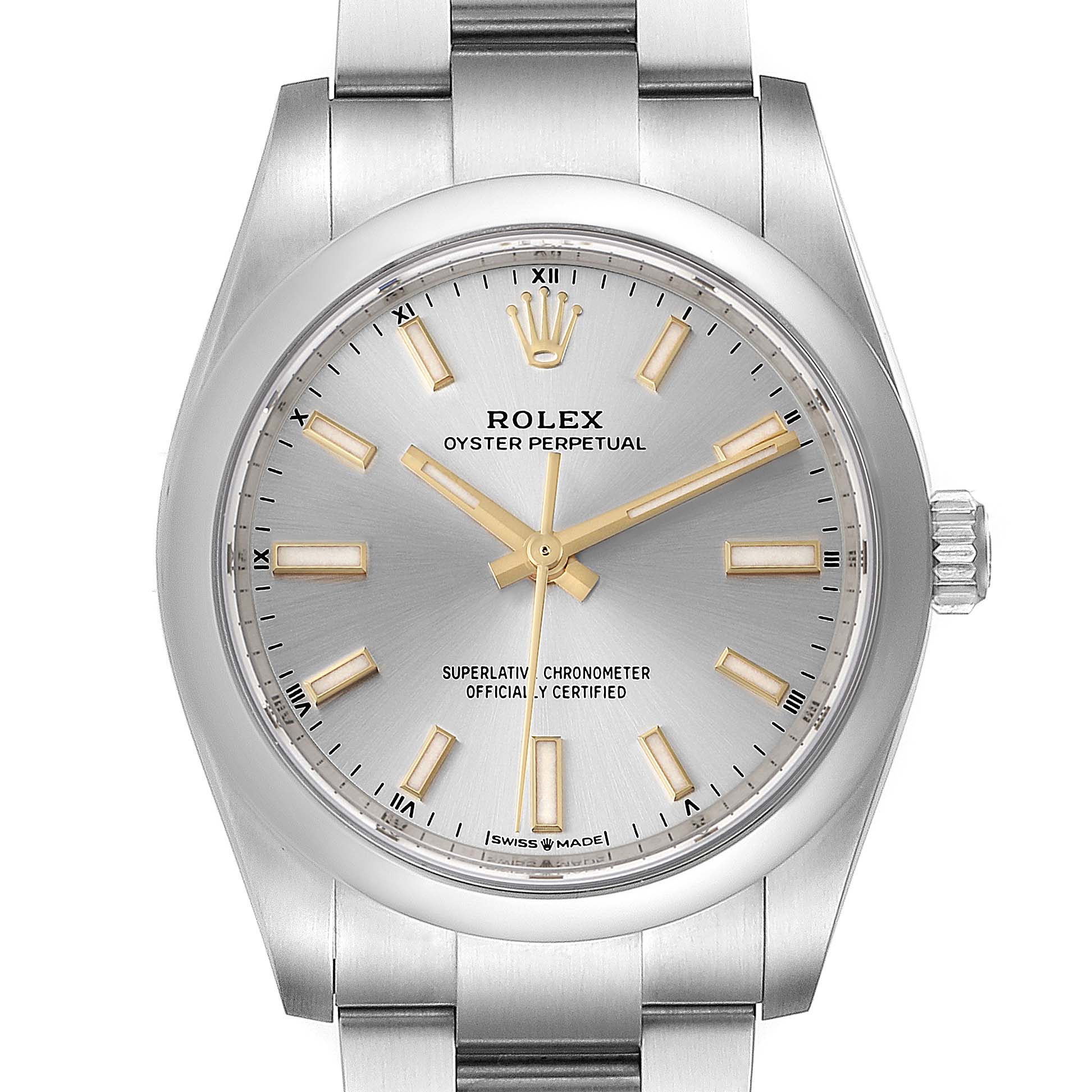 This image shows a front view of the Rolex Oyster Perpetual 124200 Men's Stainless Steel Silver Dial 124200 Men's Stainless Steel Silver Dial watch, focusing on the dial and part of the stainless steel band.