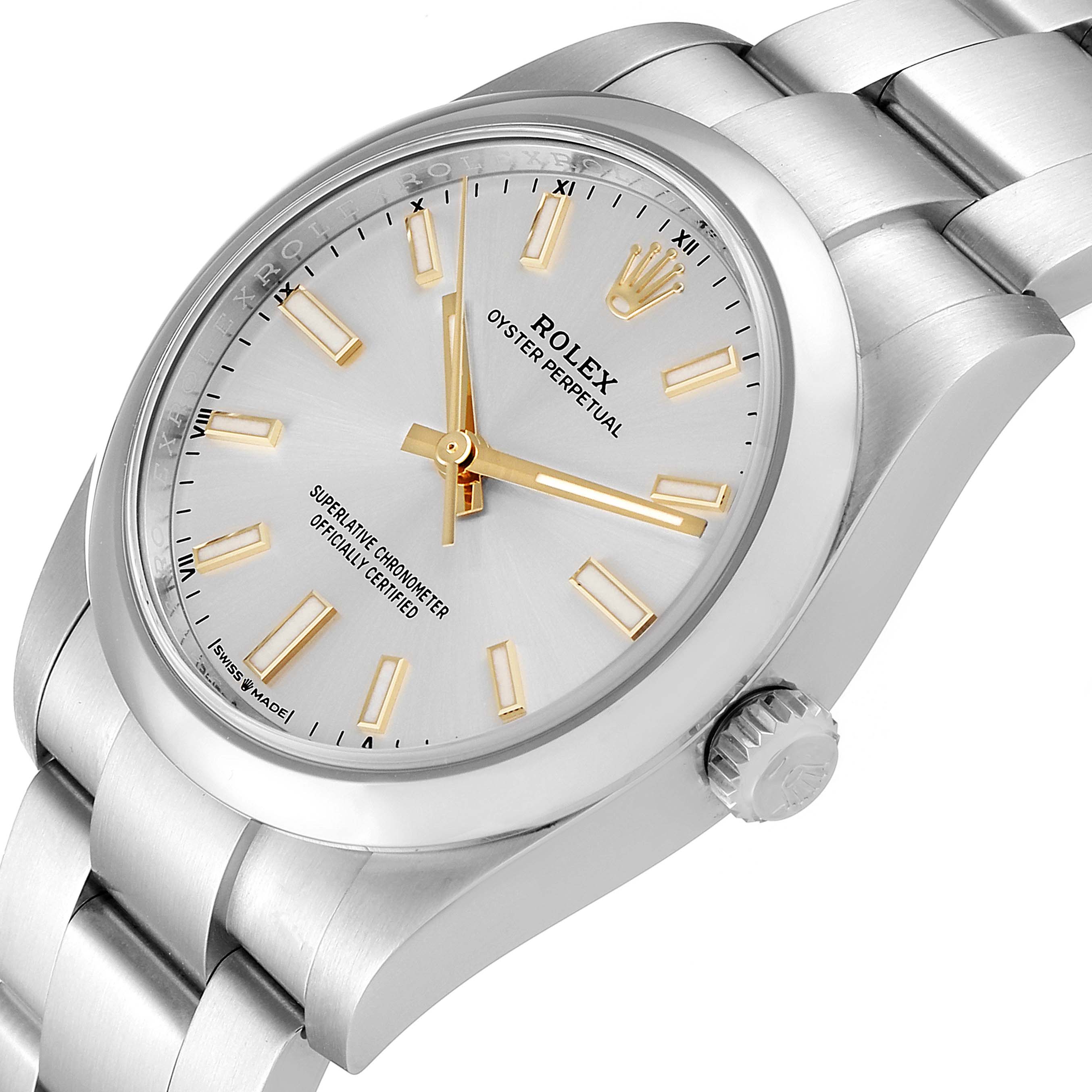 This is a close-up, angled shot of a Rolex Oyster Perpetual 124200 Men's Stainless Steel Silver Dial 124200 Men's Stainless Steel Silver Dial watch, showing the dial, bezel, and part of the bracelet.