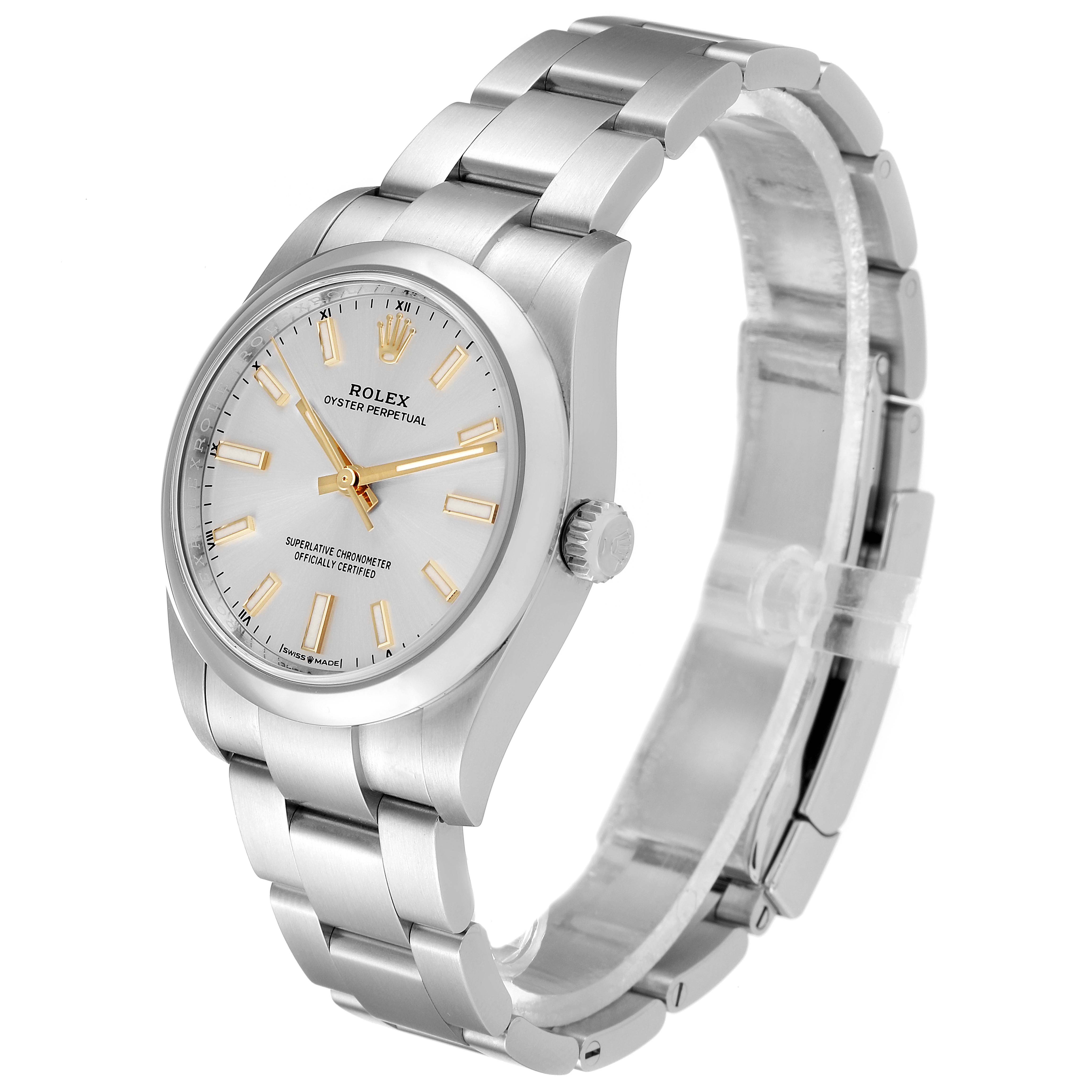 The Rolex Oyster Perpetual 124200 Men's Stainless Steel Silver Dial 124200 Men's Stainless Steel Silver Dial watch is shown at a slight angle, highlighting the face, bezel, crown, and bracelet.