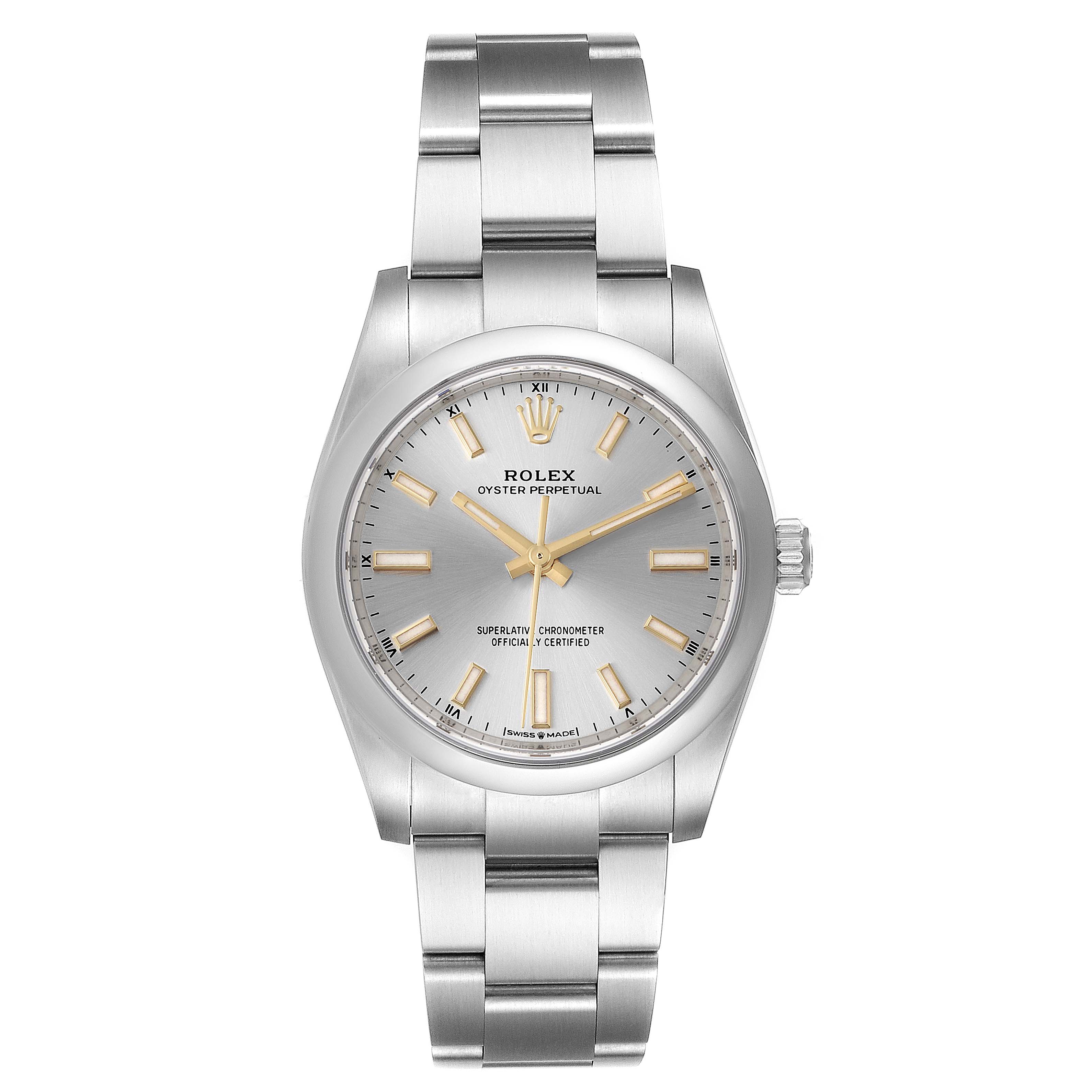 The image shows a front view of a Rolex Oyster Perpetual 124200 Men's Stainless Steel Silver Dial 124200 Men's Stainless Steel Silver Dial watch, highlighting its dial, hands, case, and bracelet.