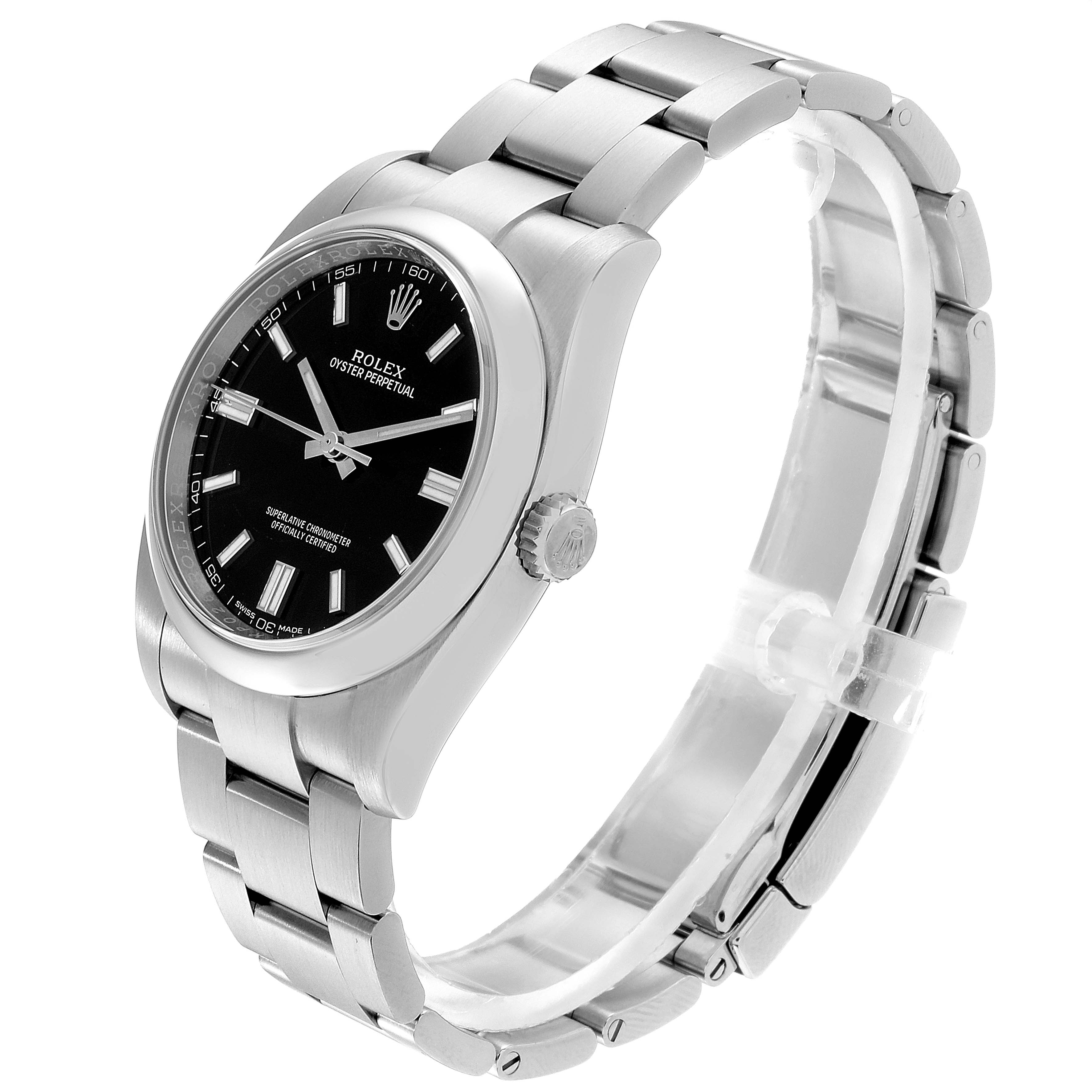 This image shows a Rolex Oyster Perpetual 116000 Men's Stainless Steel Black Dial 116000 Men's Stainless Steel Black Dial watch from a three-quarter angle, highlighting the black dial, stainless steel case, and bracelet.