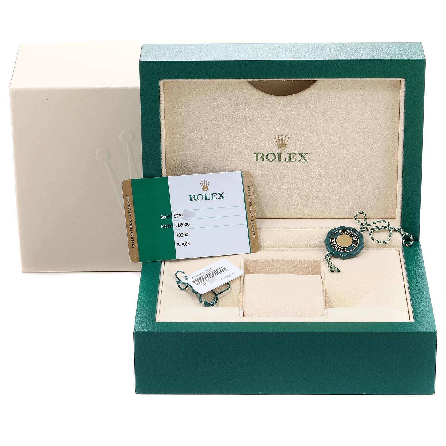 The image shows an open Rolex Oyster Perpetual 116000 Men's Stainless Steel Black Dial 116000 Men's Stainless Steel Black Dial watch box with a warranty card, a hang tag, and a white outer box.