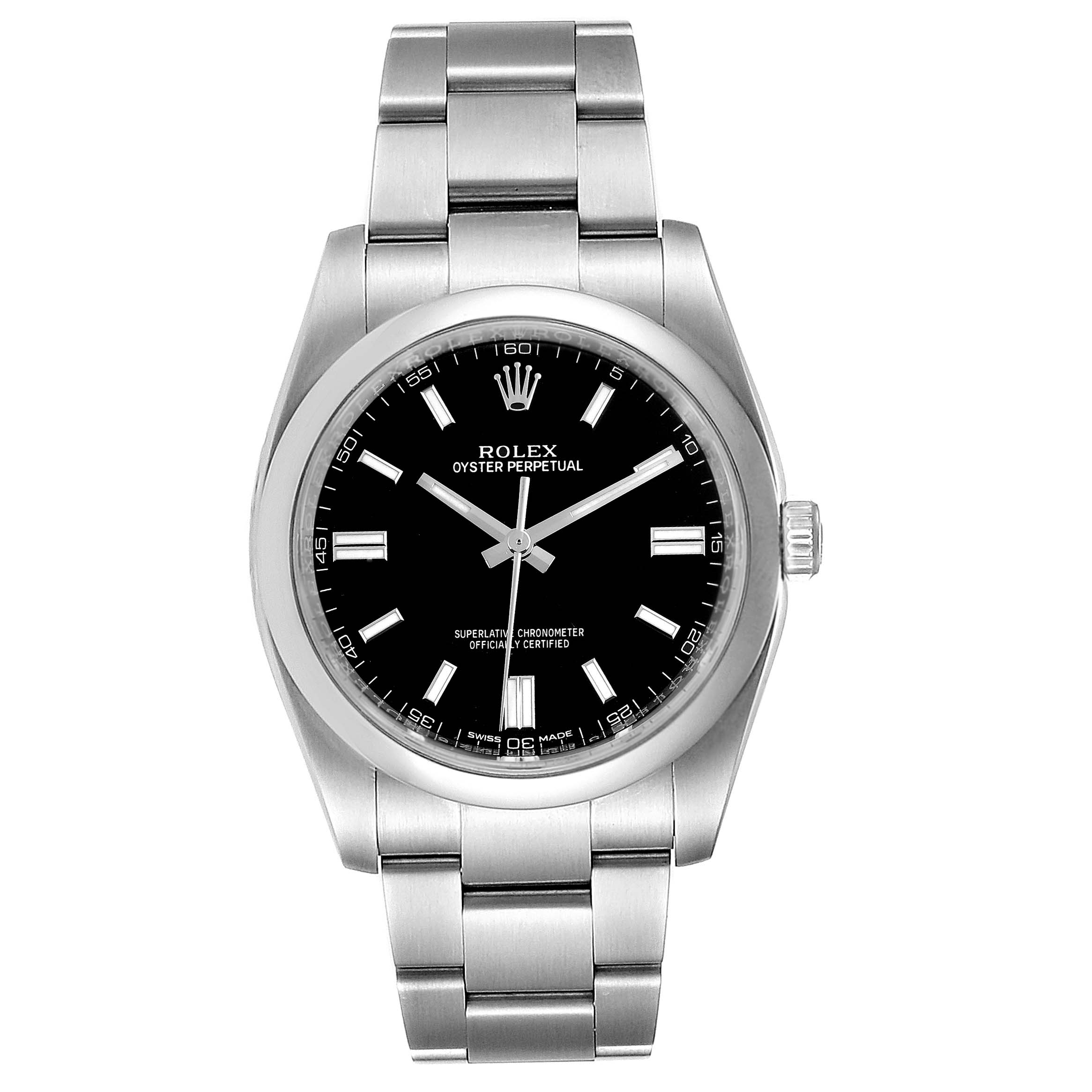 The image shows a front view of the Rolex Oyster Perpetual 116000 Men's Stainless Steel Black Dial 116000 Men's Stainless Steel Black Dial watch, displaying the face, bezel, and bracelet.