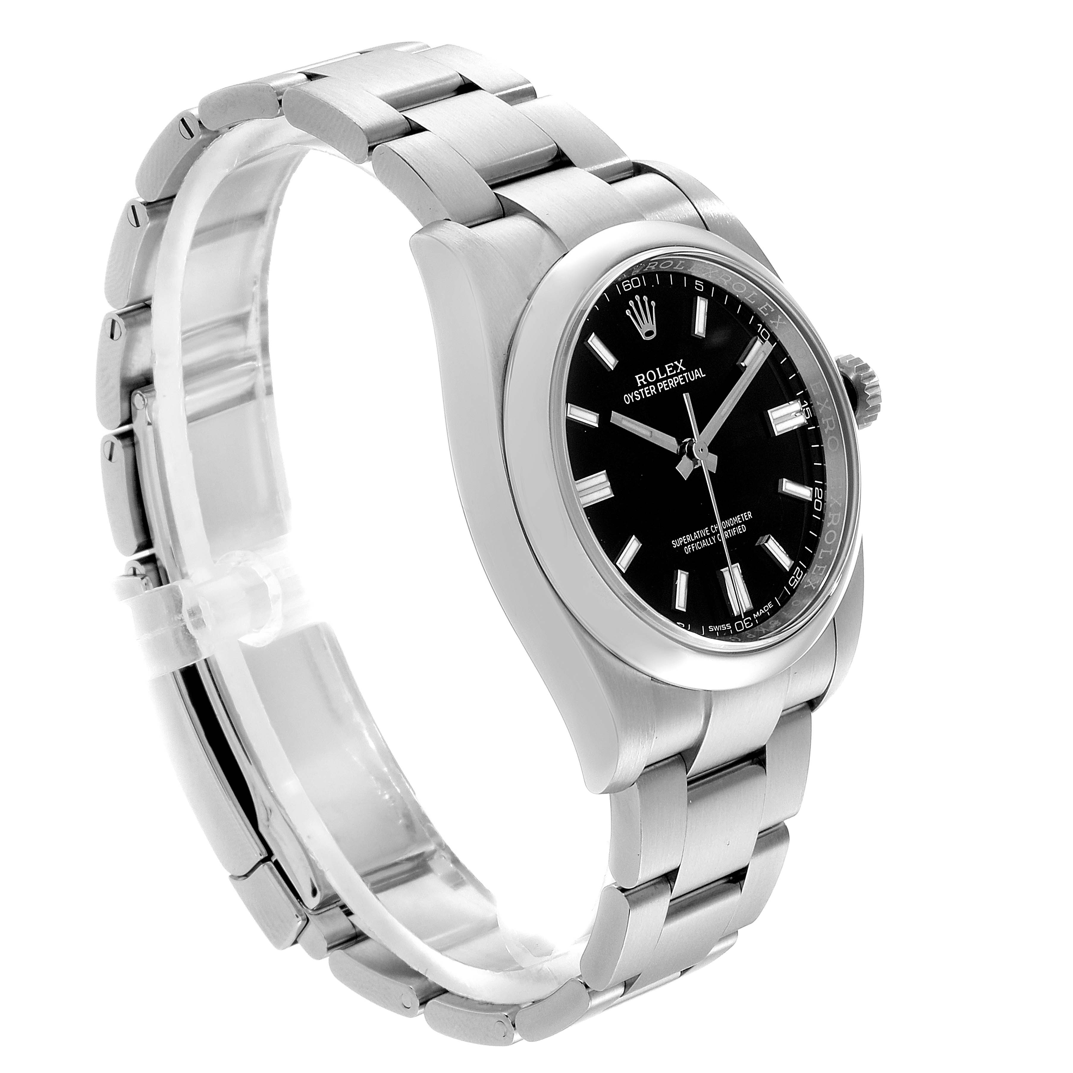 The image shows a three-quarter side view of a Rolex Oyster Perpetual 116000 Men's Stainless Steel Black Dial 116000 Men's Stainless Steel Black Dial watch, highlighting the bracelet and black dial.