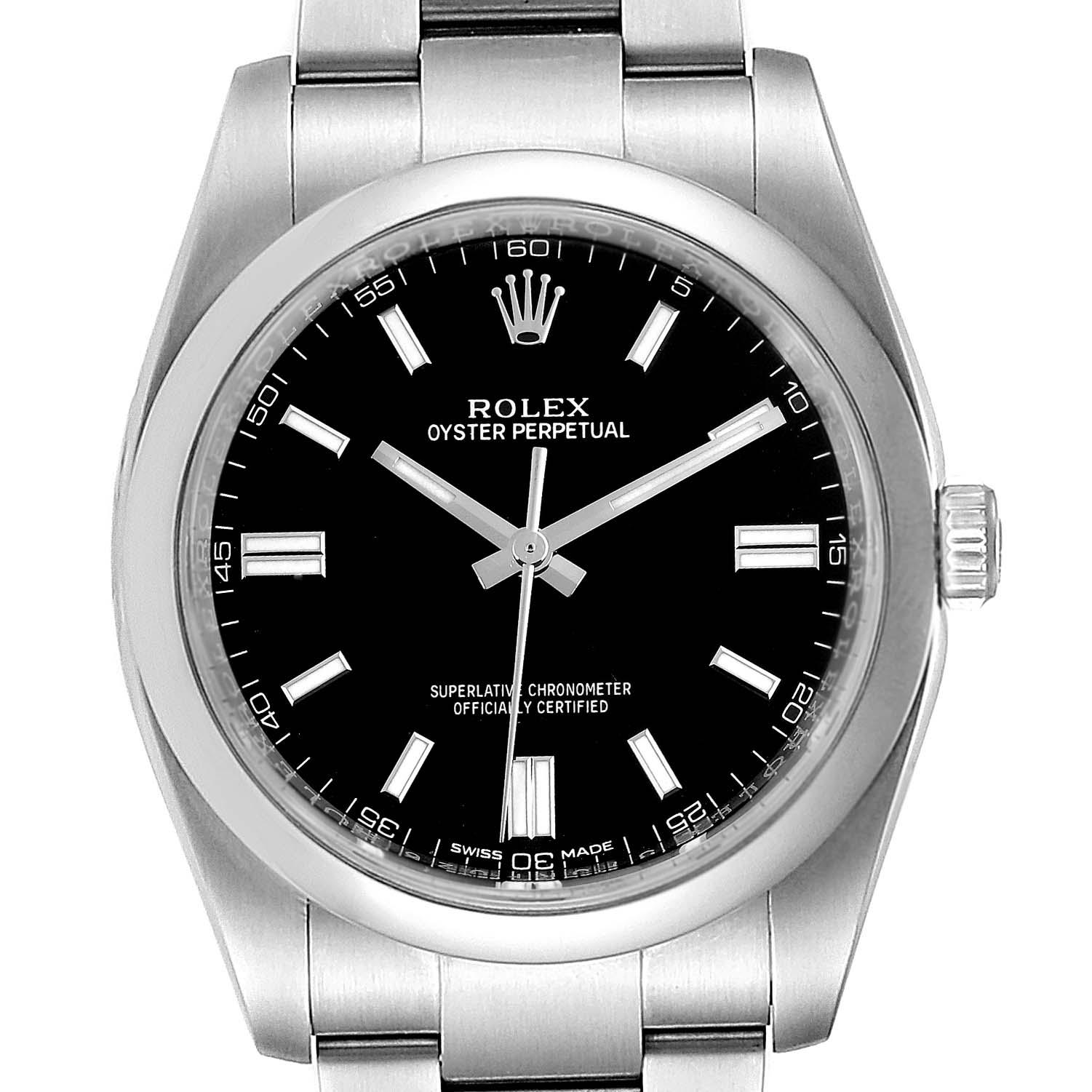 This image shows the dial and bracelet of a Rolex Oyster Perpetual 116000 Men's Stainless Steel Black Dial 116000 Men's Stainless Steel Black Dial watch from a front view.