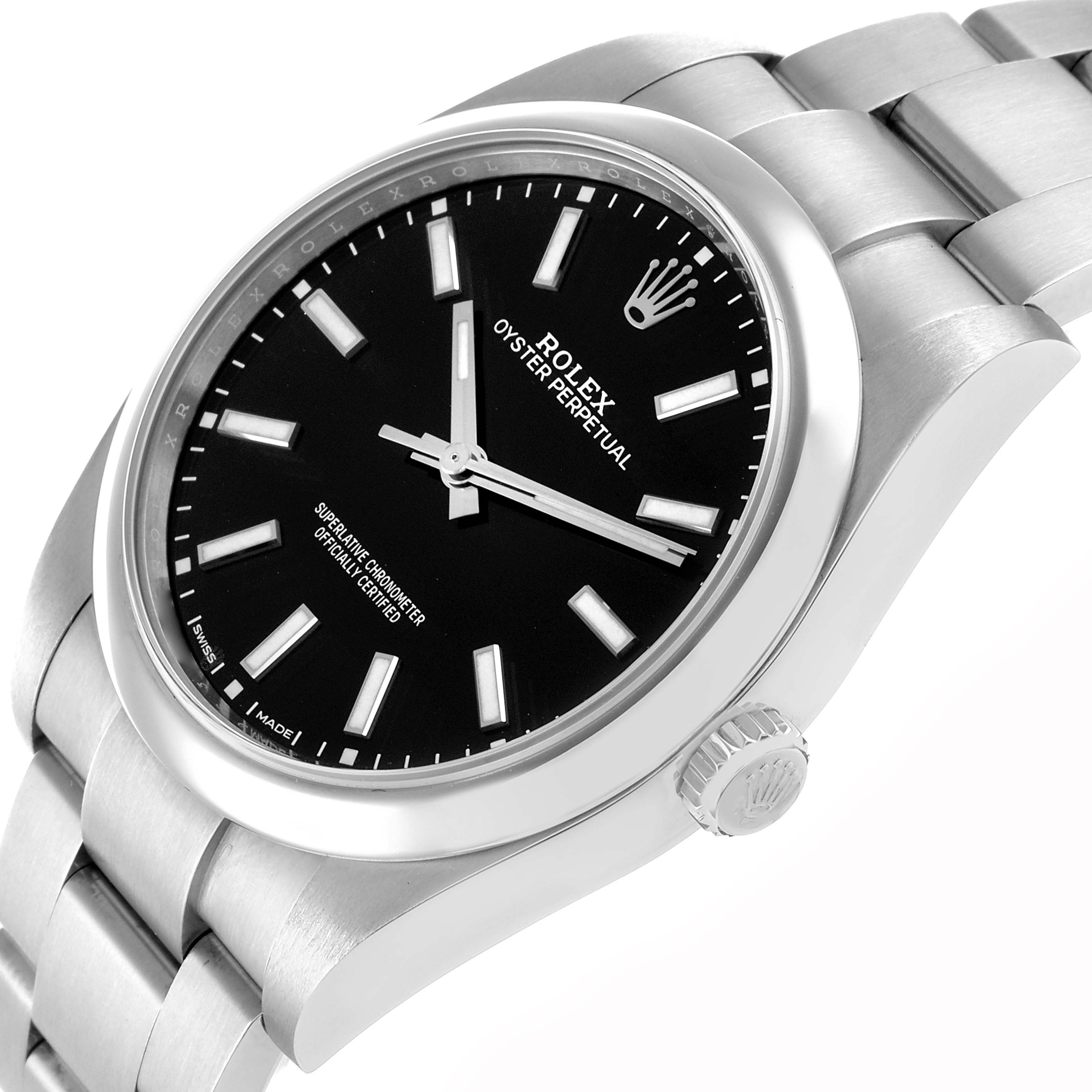 The Rolex Oyster Perpetual 114300 Men's Stainless Steel Black Dial watch is shown from an angled side view, displaying the dial, bezel, crown, and bracelet links.