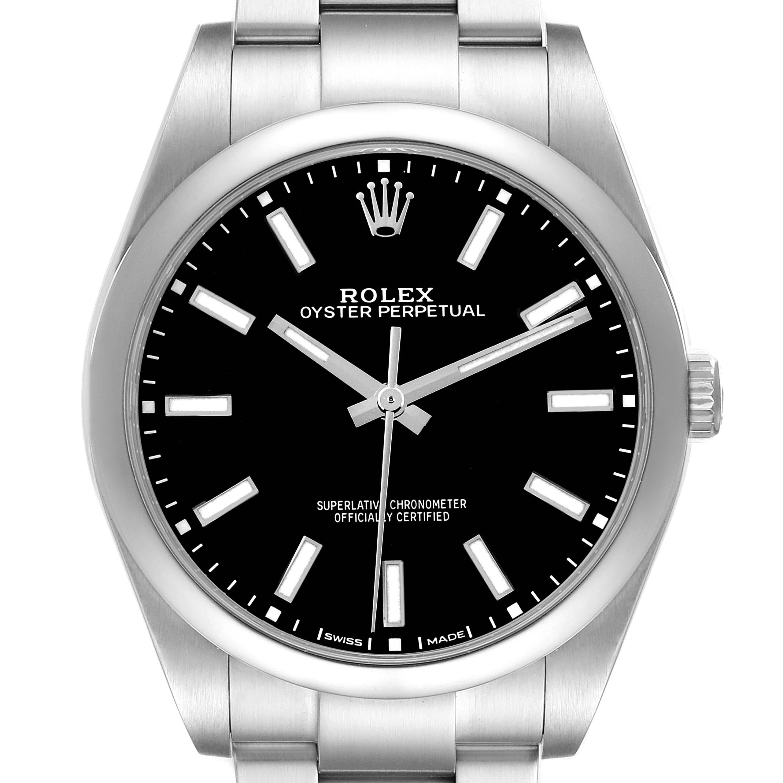 The Rolex Oyster Perpetual 114300 Men's Stainless Steel Black Dial watch is shown from a front angle, displaying the dial, hands, and bracelet top.