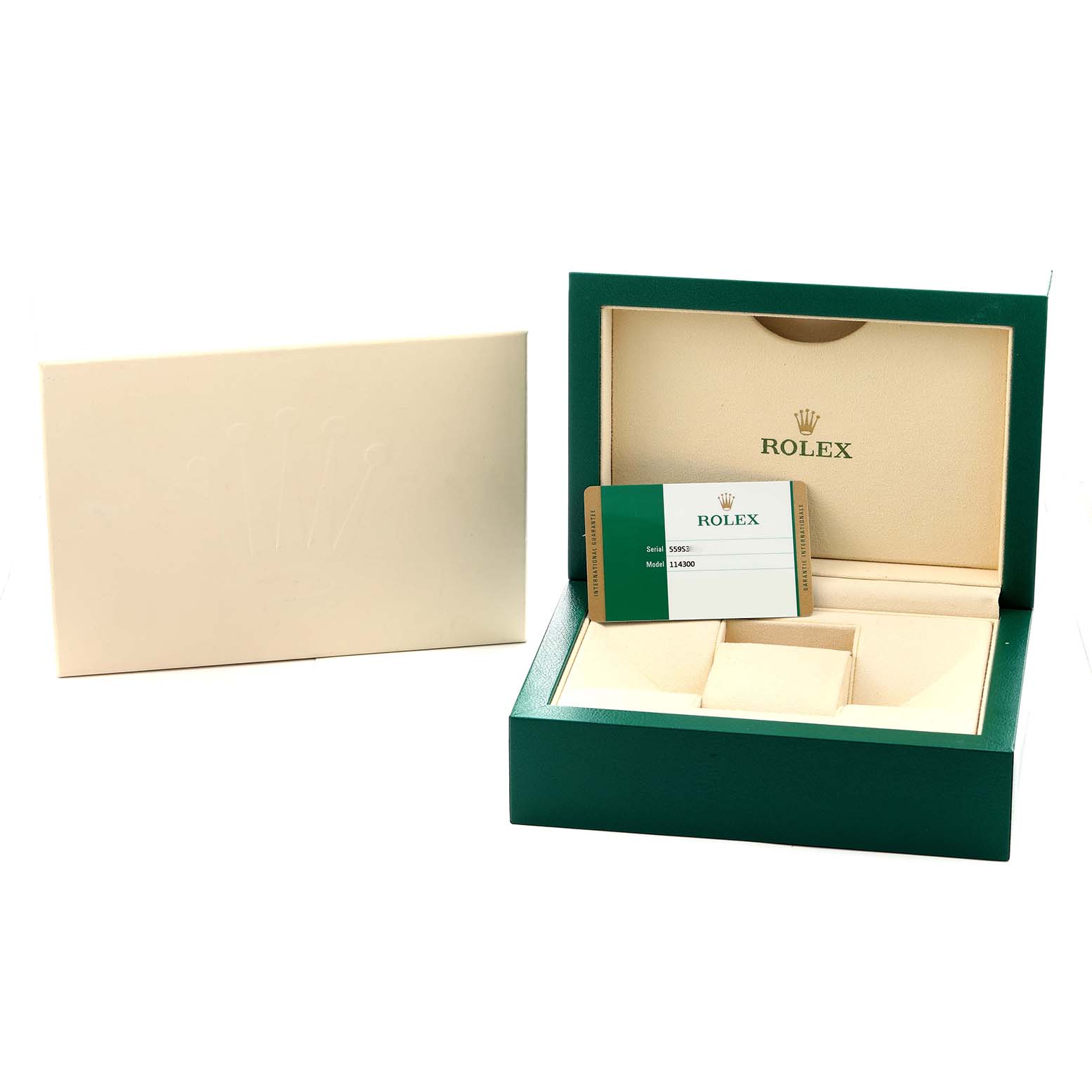 The image shows the open box and card for a Rolex Oyster Perpetual 114300 Men's Stainless Steel Black Dial watch, with a separate outer packaging.