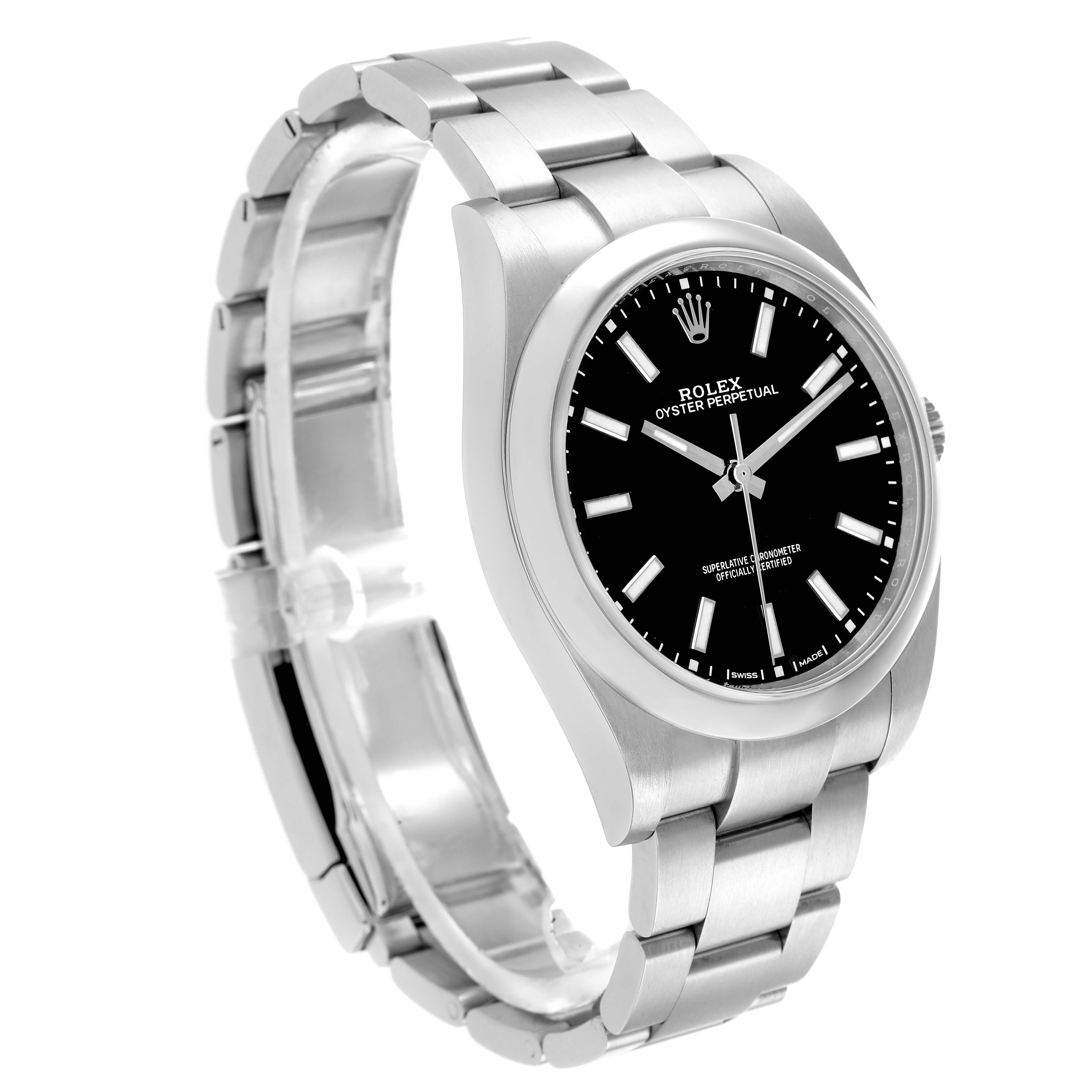 The Rolex Oyster Perpetual 114300 Men's Stainless Steel Black Dial watch is shown from a three-quarter angle, highlighting the bracelet, case, and dial.