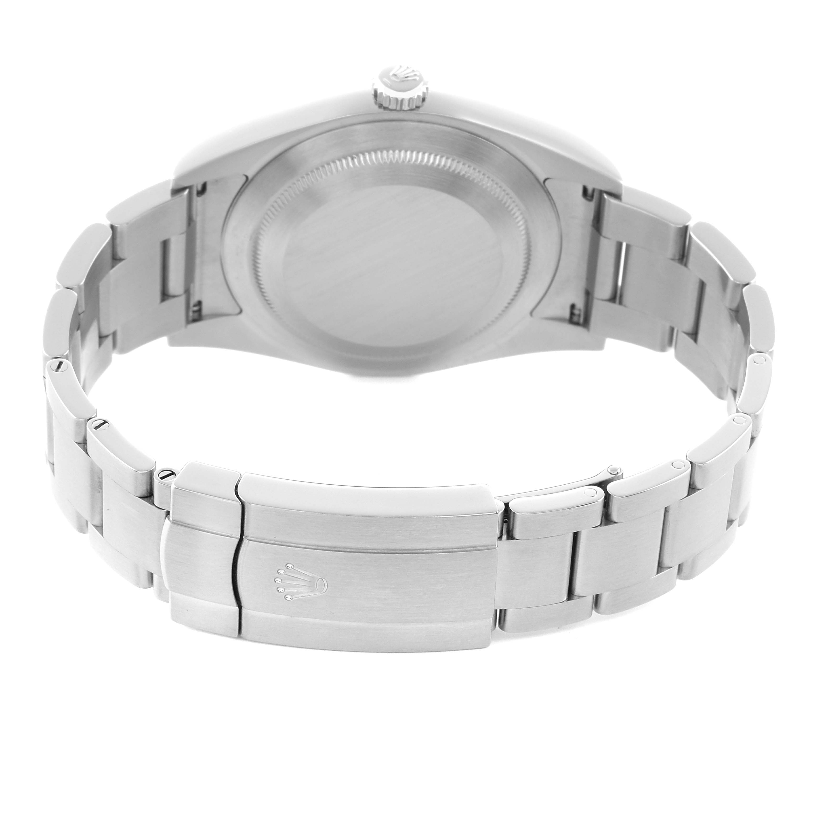 The image shows the back of the Rolex Oyster Perpetual 114300 Men's Stainless Steel Black Dial watch, displaying the case back, bracelet, and clasp with the Rolex logo.