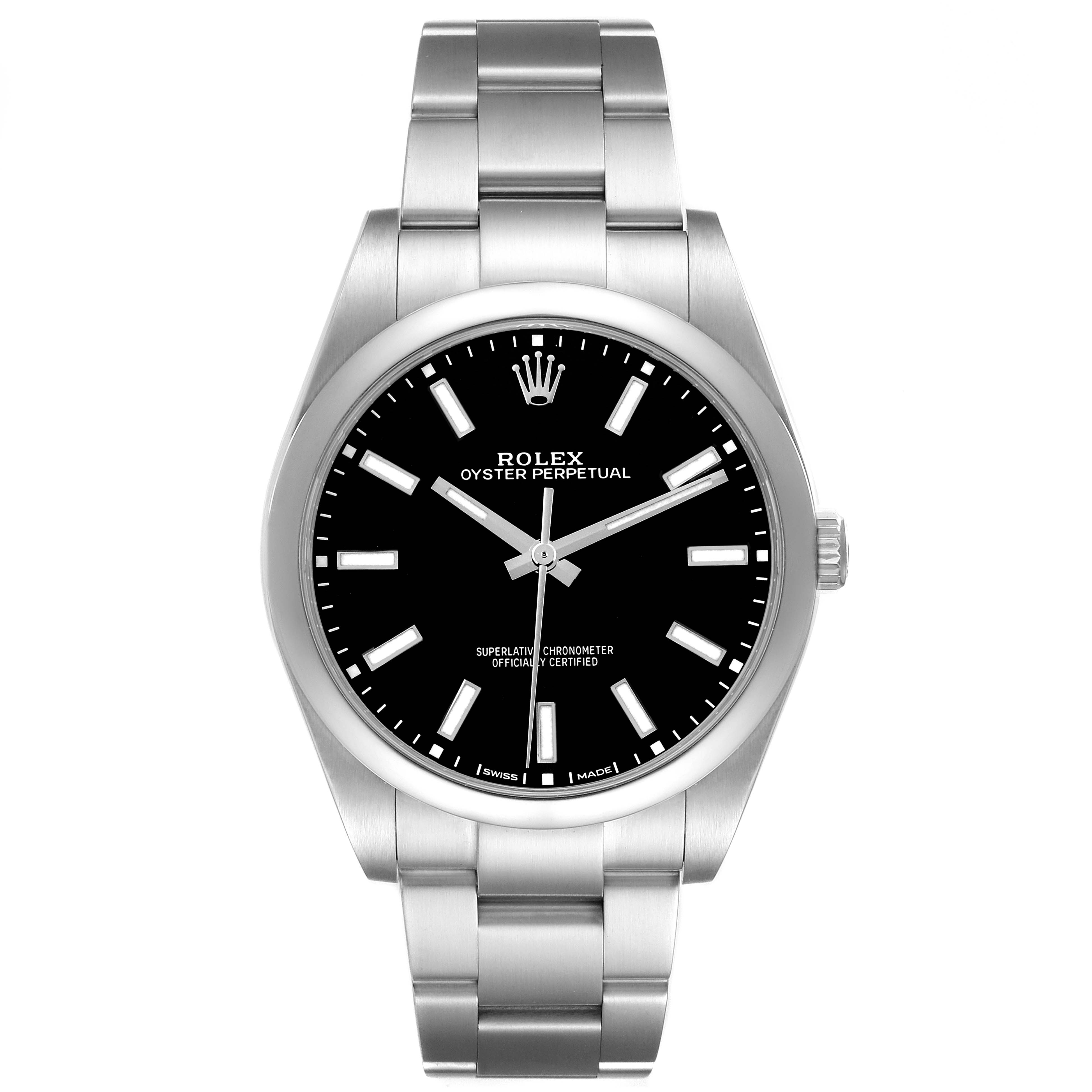 The Rolex Oyster Perpetual 114300 Men's Stainless Steel Black Dial is shown from a front angle, displaying the dial, bezel, and part of the bracelet.