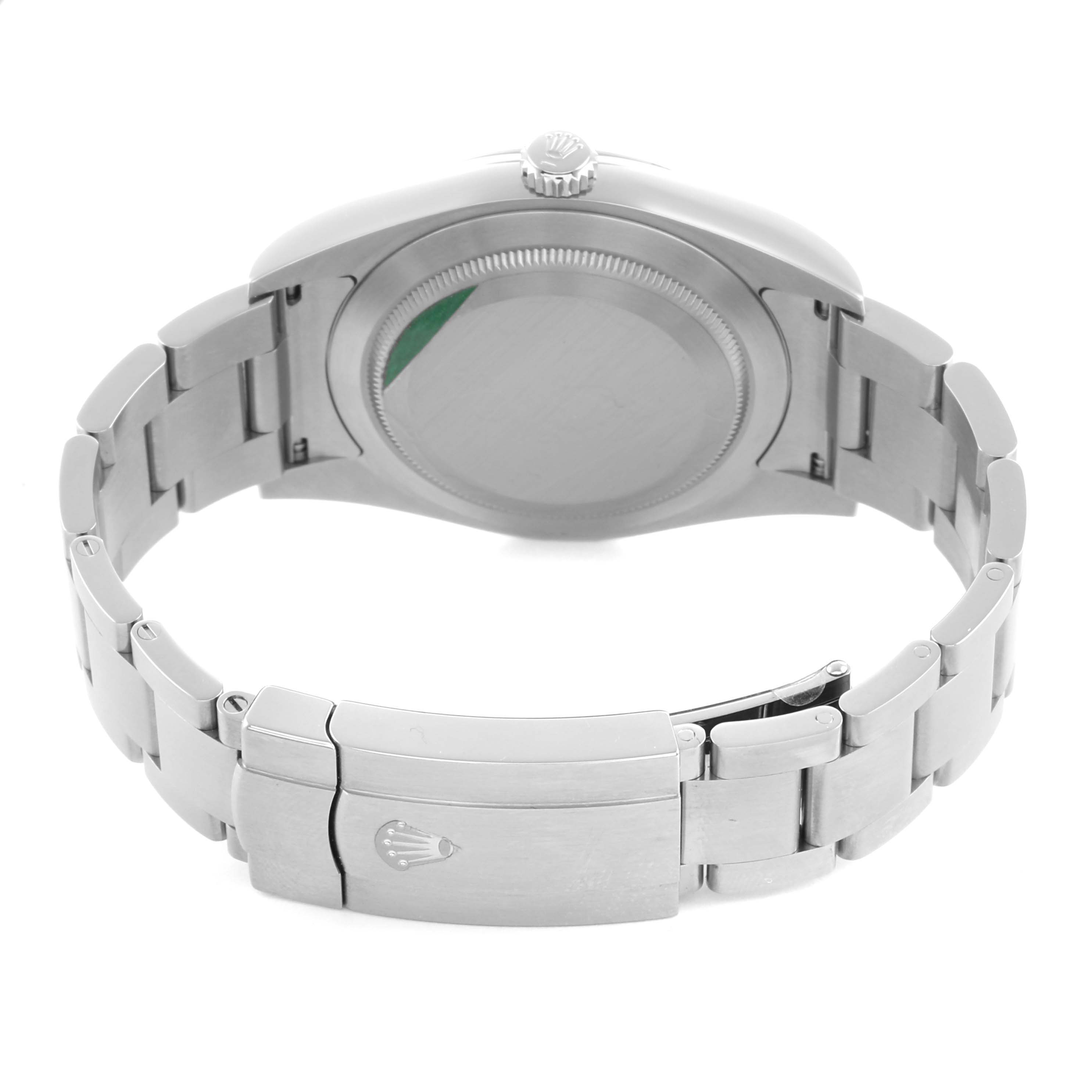 The image shows the back and bracelet of a Rolex Oyster Perpetual 114300 Men's Stainless Steel Silver Dial watch, highlighting the clasp and case back.