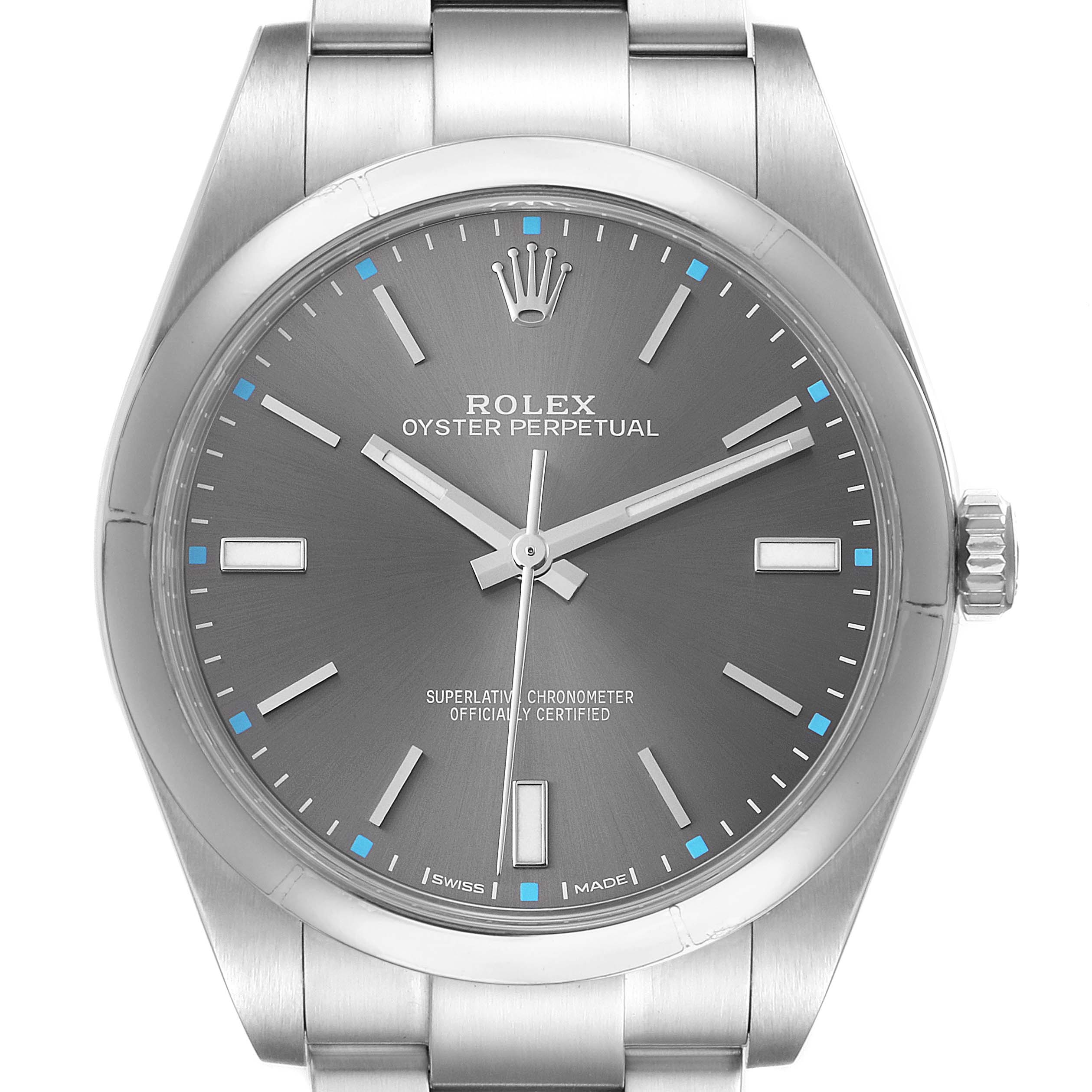 The Rolex Oyster Perpetual 114300 Men's Stainless Steel Silver Dial watch is shown from a top-down angle, highlighting the dial, hour markers, hands, bezel, and bracelet segment.