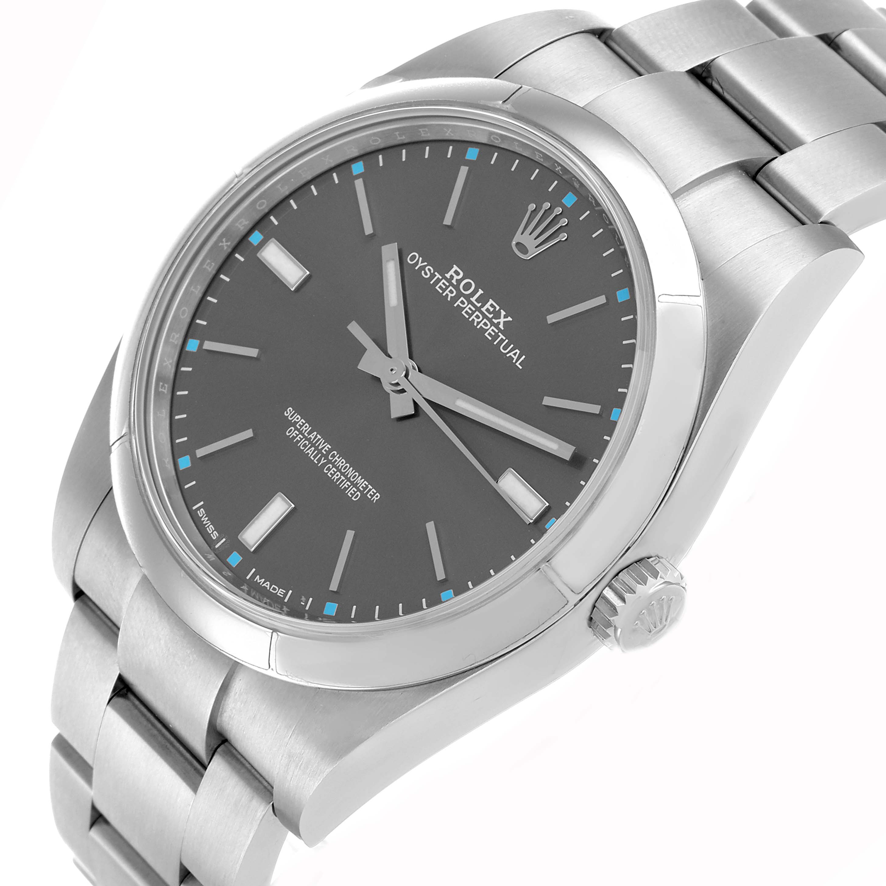 The Rolex Oyster Perpetual 114300 Men's Stainless Steel Silver Dial watch is shown at a slight angled view, displaying the face, bezel, crown, and bracelet links.