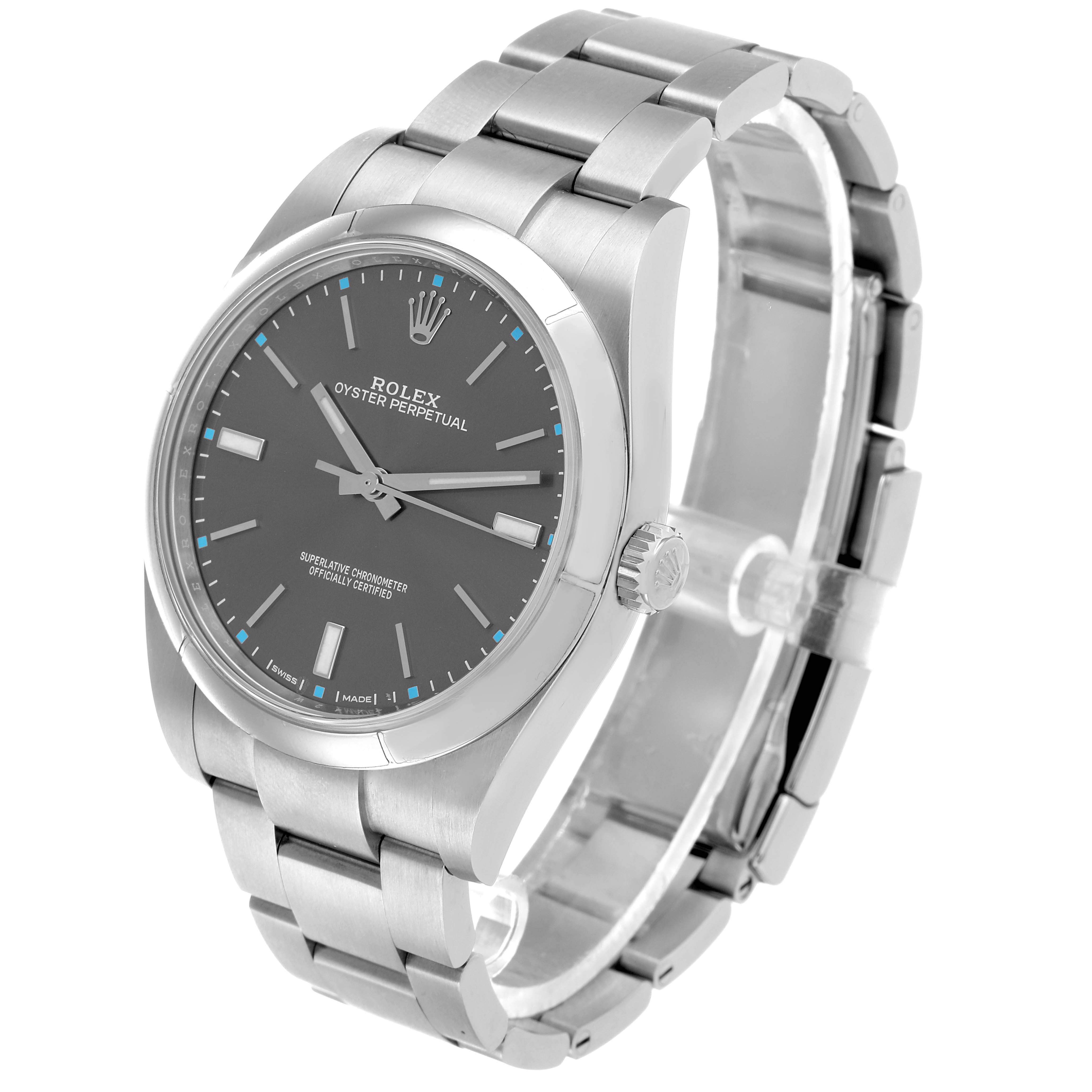 The Rolex Oyster Perpetual 114300 Men's Stainless Steel Silver Dial watch is shown at an angle highlighting the face, bezel, crown, and part of the bracelet.