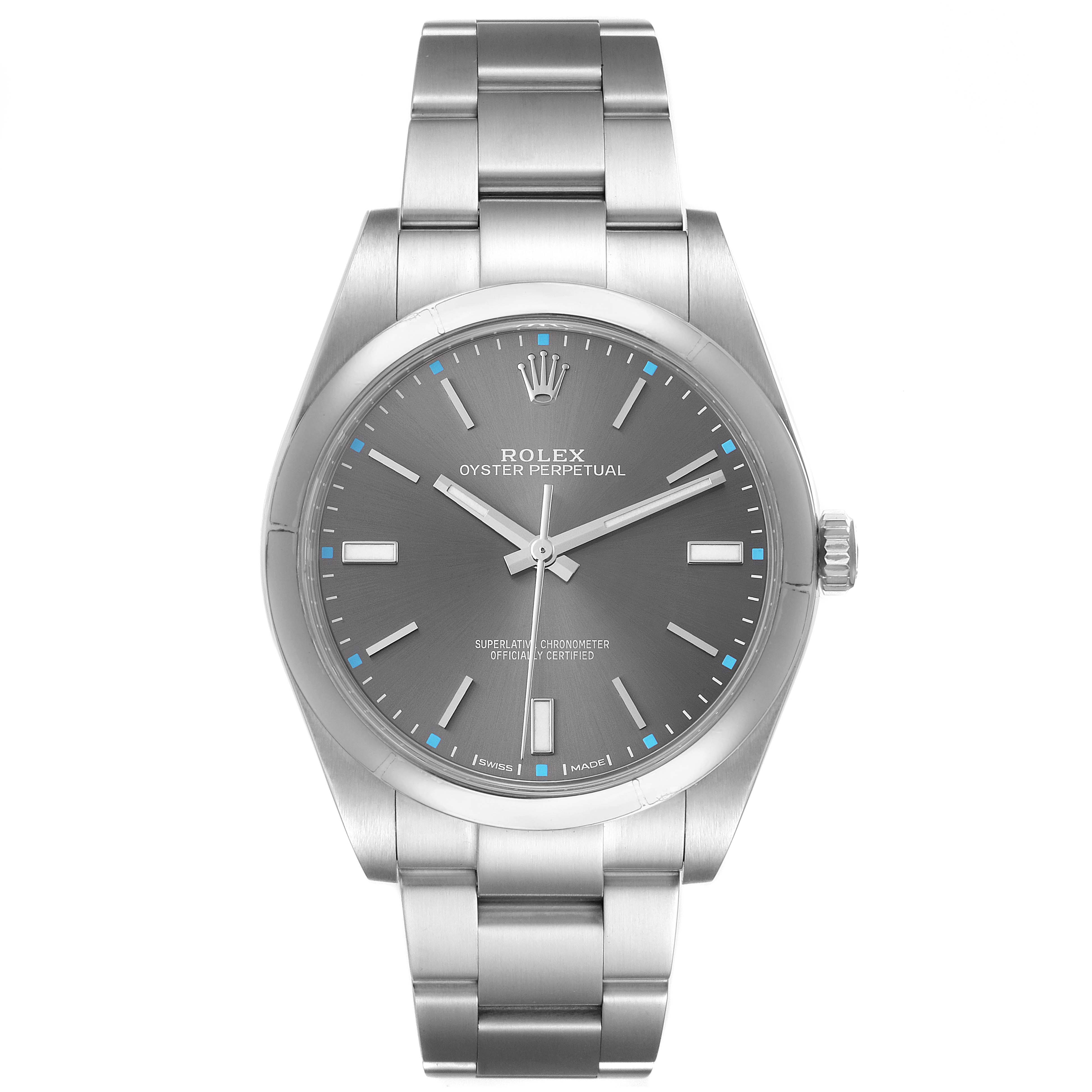 The Rolex Oyster Perpetual 114300 Men's Stainless Steel Silver Dial watch is shown from a front angle, displaying the face, bezel, and bracelet.