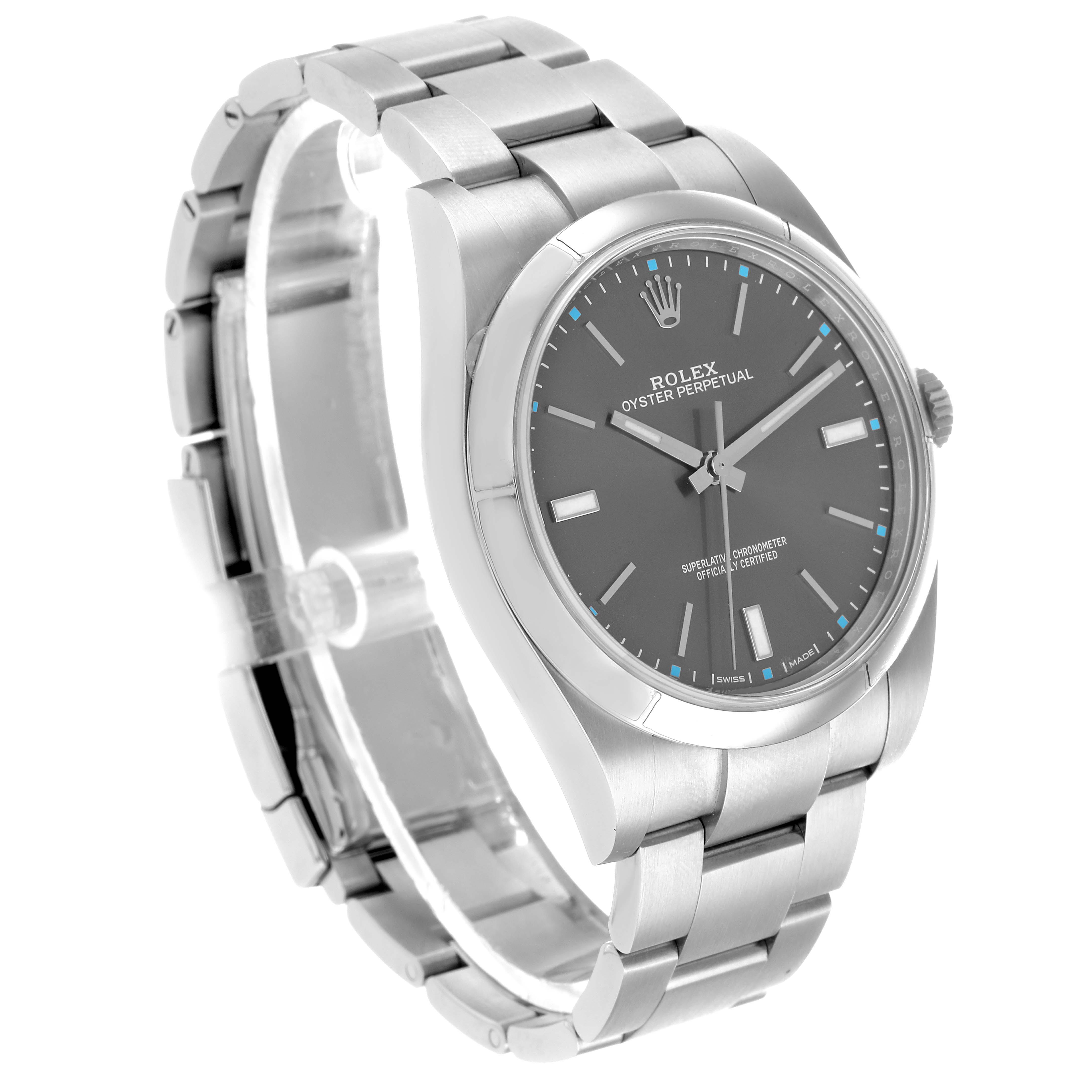 The Rolex Oyster Perpetual 114300 Men's Stainless Steel Silver Dial watch is shown at an angled front view, highlighting its face, bezel, and bracelet.