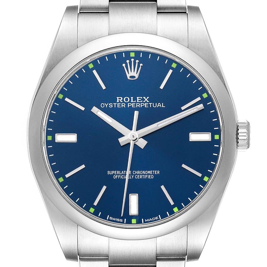 The Rolex Oyster Perpetual 114300 Men's Stainless Steel Blue Dial watch is shown from a frontal angle displaying the full dial, crown, and part of the bracelet.