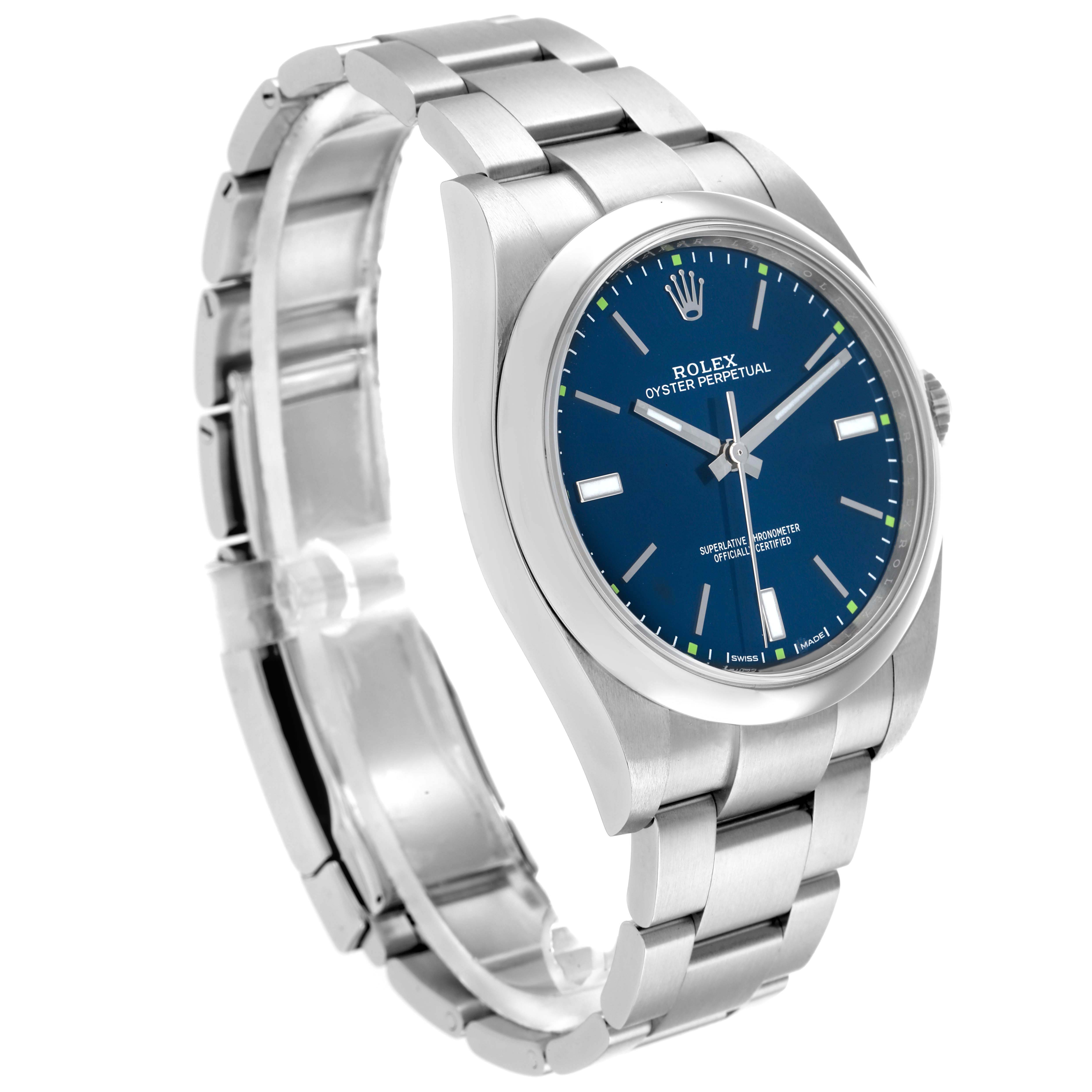 The Rolex Oyster Perpetual 114300 Men
s Stainless Steel Blue Dial watch is shown from a three-quarter angle featuring the bracelet and blue dial.