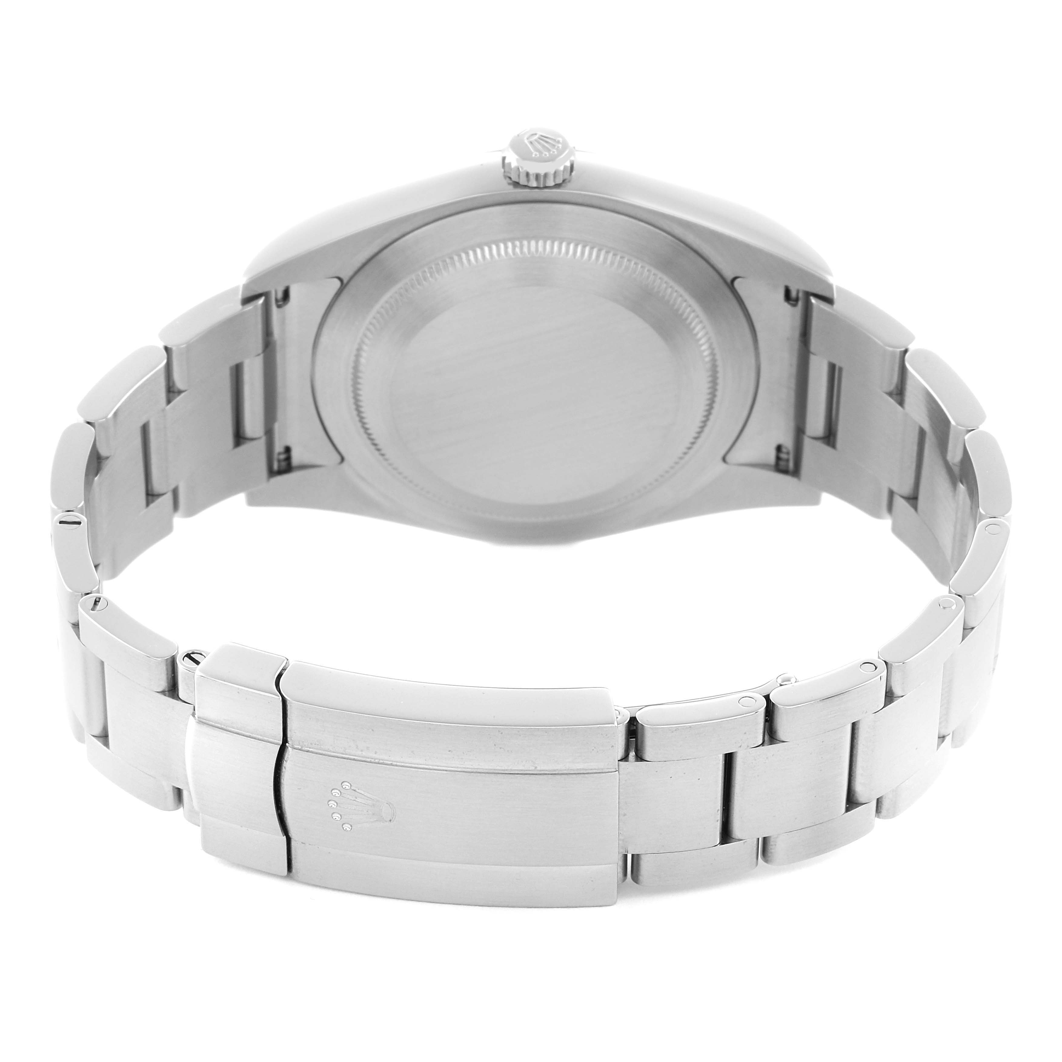 The Rolex Oyster Perpetual 114300 Men
s Stainless Steel Blue Dial watch is shown from the rear, highlighting the case back, crown, and bracelet clasp.