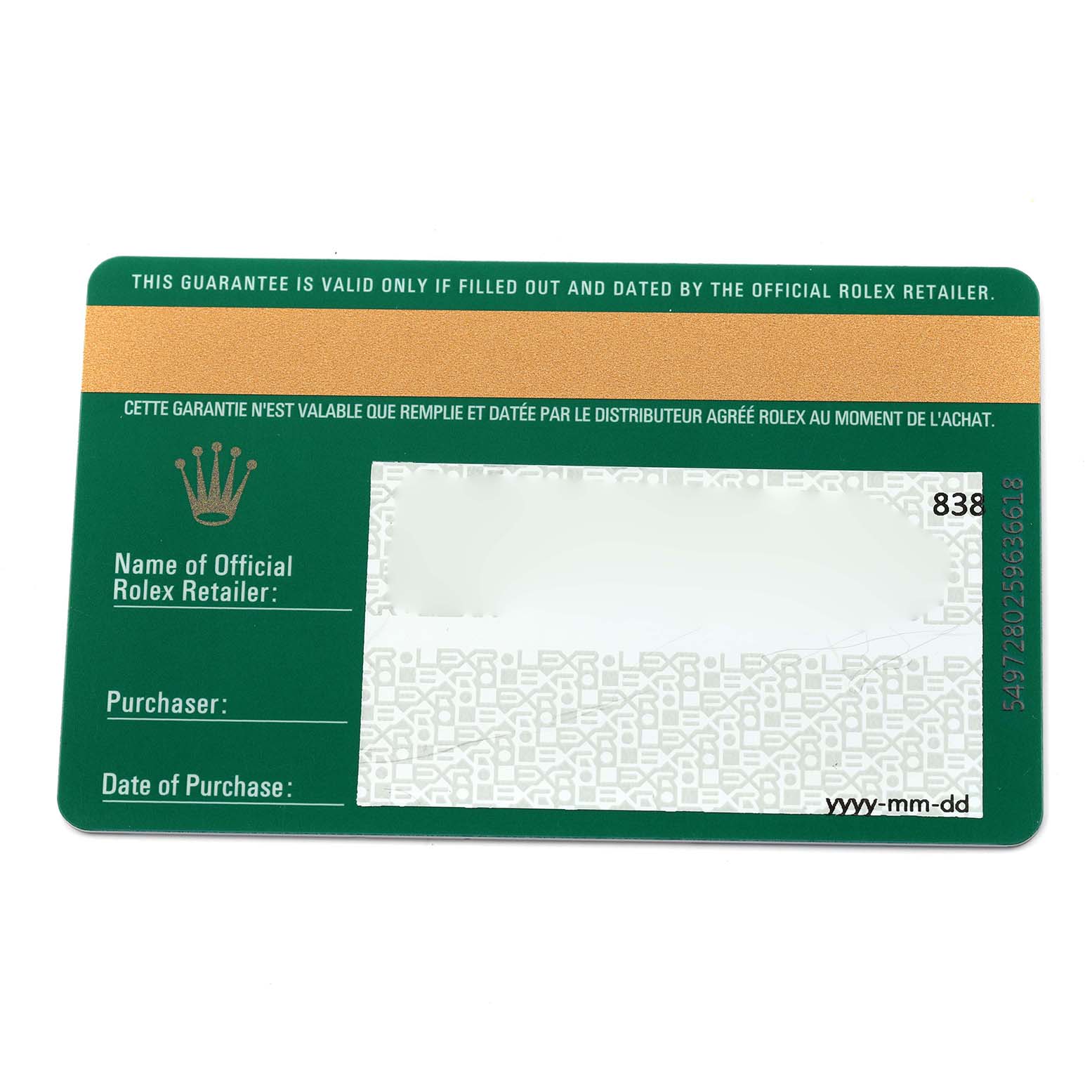 The image shows a warranty card for a Rolex Oyster Perpetual 114300 Men
s Stainless Steel Blue Dial watch.