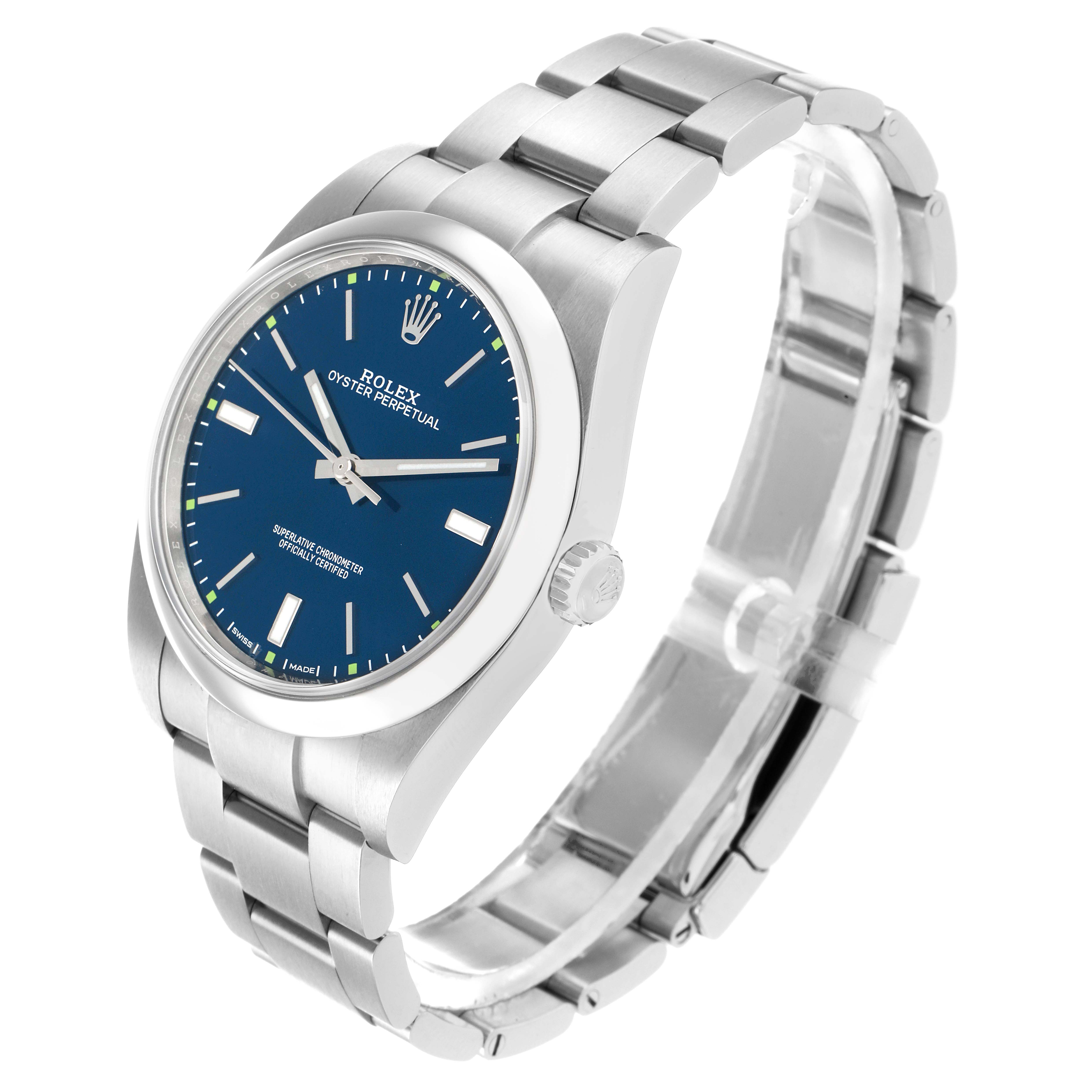 The Rolex Oyster Perpetual 114300 Men
s Stainless Steel Blue Dial watch is shown at a slight angle, displaying the face, bezel, and part of the bracelet.