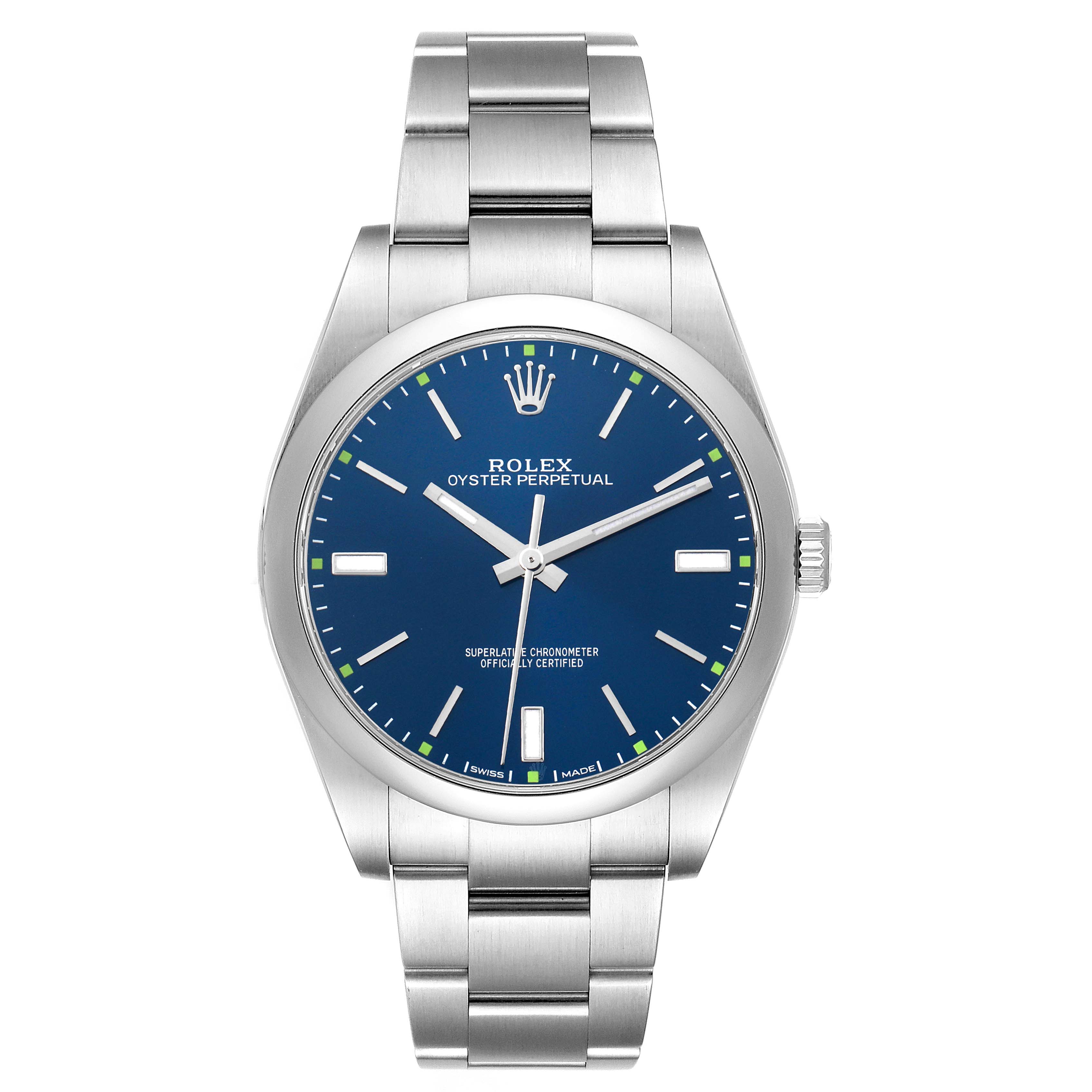 The Rolex Oyster Perpetual 114300 Men
s Stainless Steel Blue Dial watch is shown from a front angle, displaying the full face and bracelet.