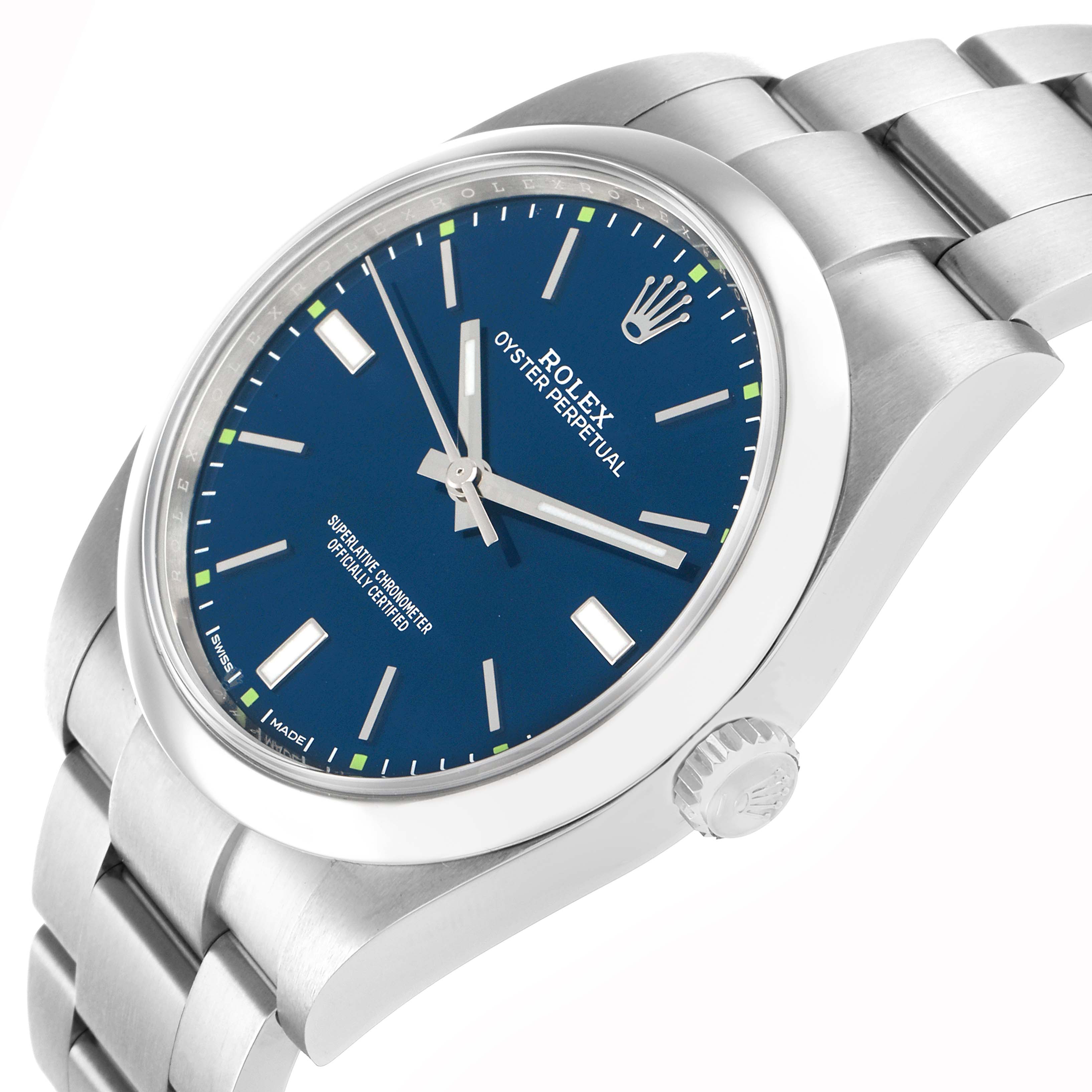 The Rolex Oyster Perpetual 114300 Men
s Stainless Steel Blue Dial watch is shown at a slight angle, highlighting the blue dial, bezel, case, crown, and bracelet.