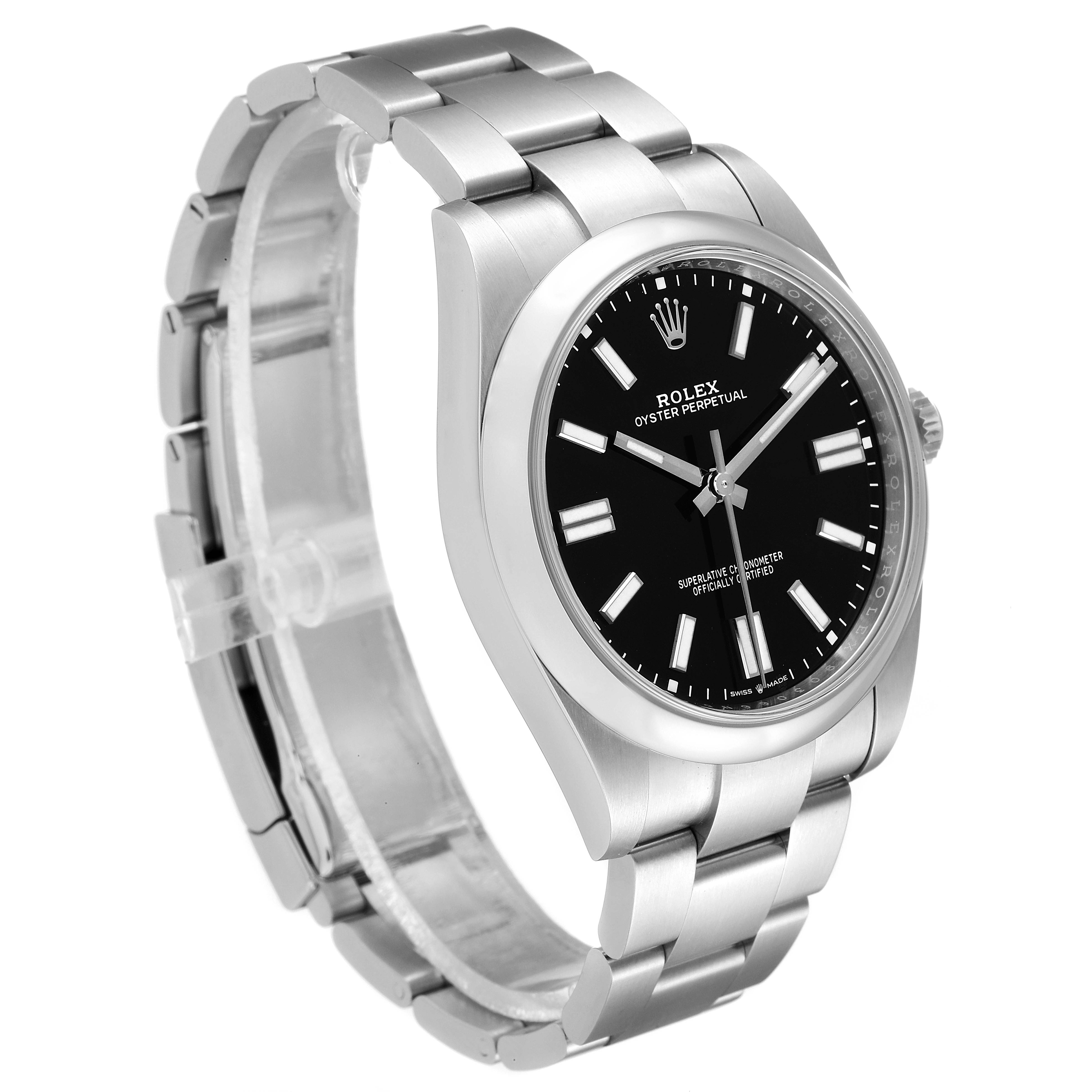 The image shows a Rolex Oyster Perpetual 124300 Men's Stainless Steel Black Dial 124300 Men's Stainless Steel Black Dial watch at a slight angle, highlighting its stainless steel bracelet and black dial.