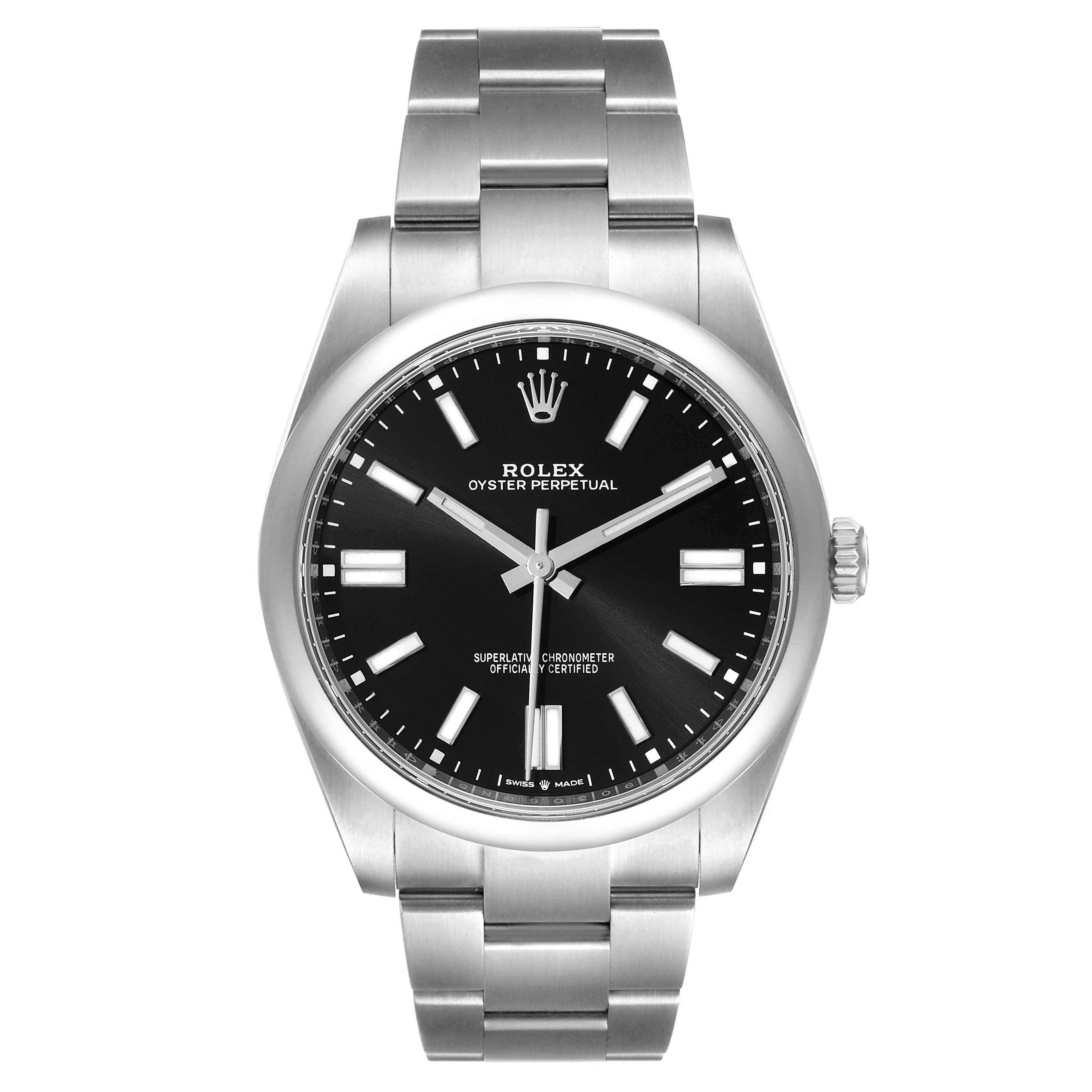 This image shows a front view of a Rolex Oyster Perpetual 124300 Men's Stainless Steel Black Dial 124300 Men's Stainless Steel Black Dial watch, displaying its dial, case, and bracelet.