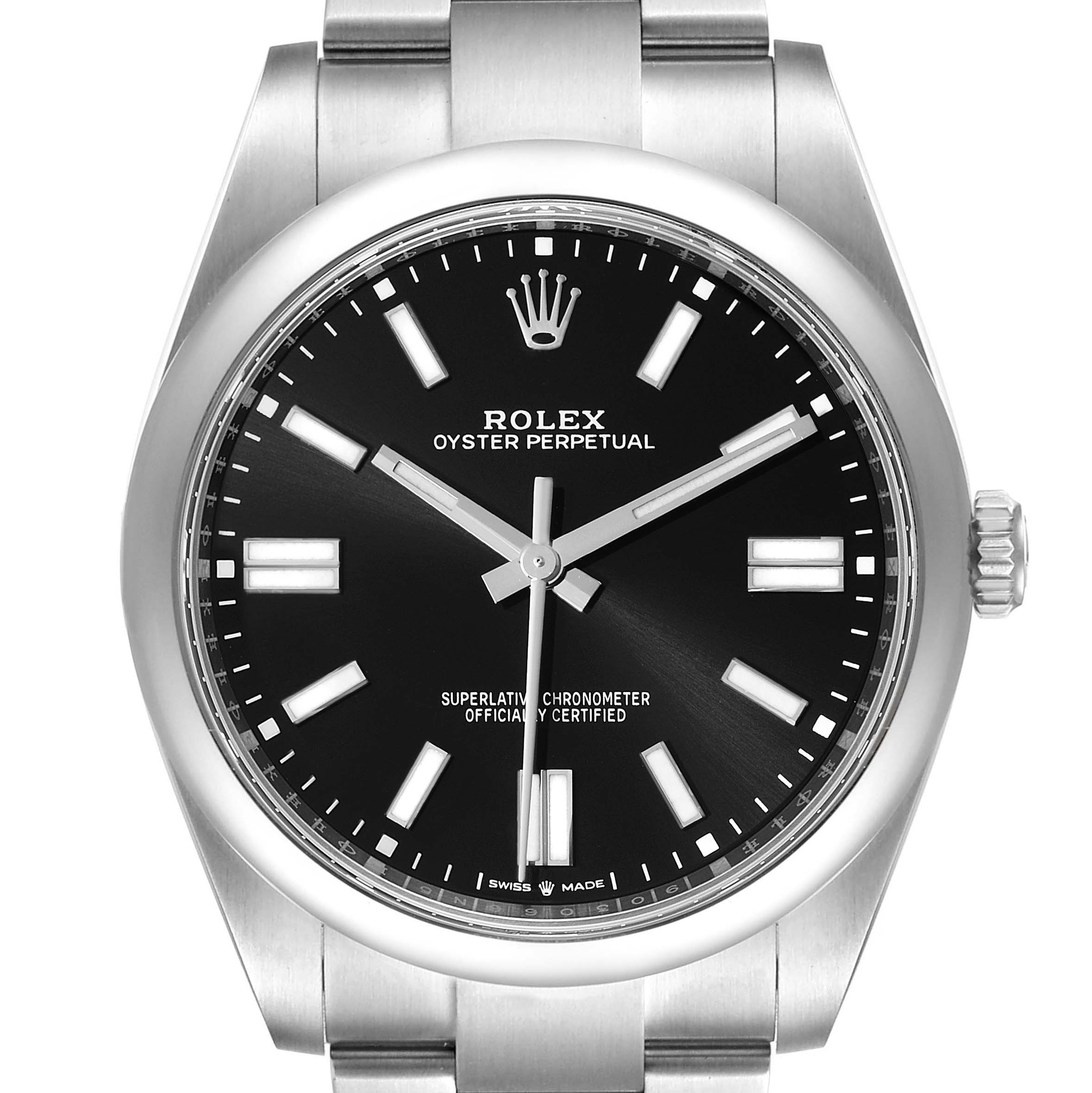 The image shows the front angle of a Rolex Oyster Perpetual 124300 Men's Stainless Steel Black Dial 124300 Men's Stainless Steel Black Dial watch, displaying the face, hands, crown, and part of the bracelet.