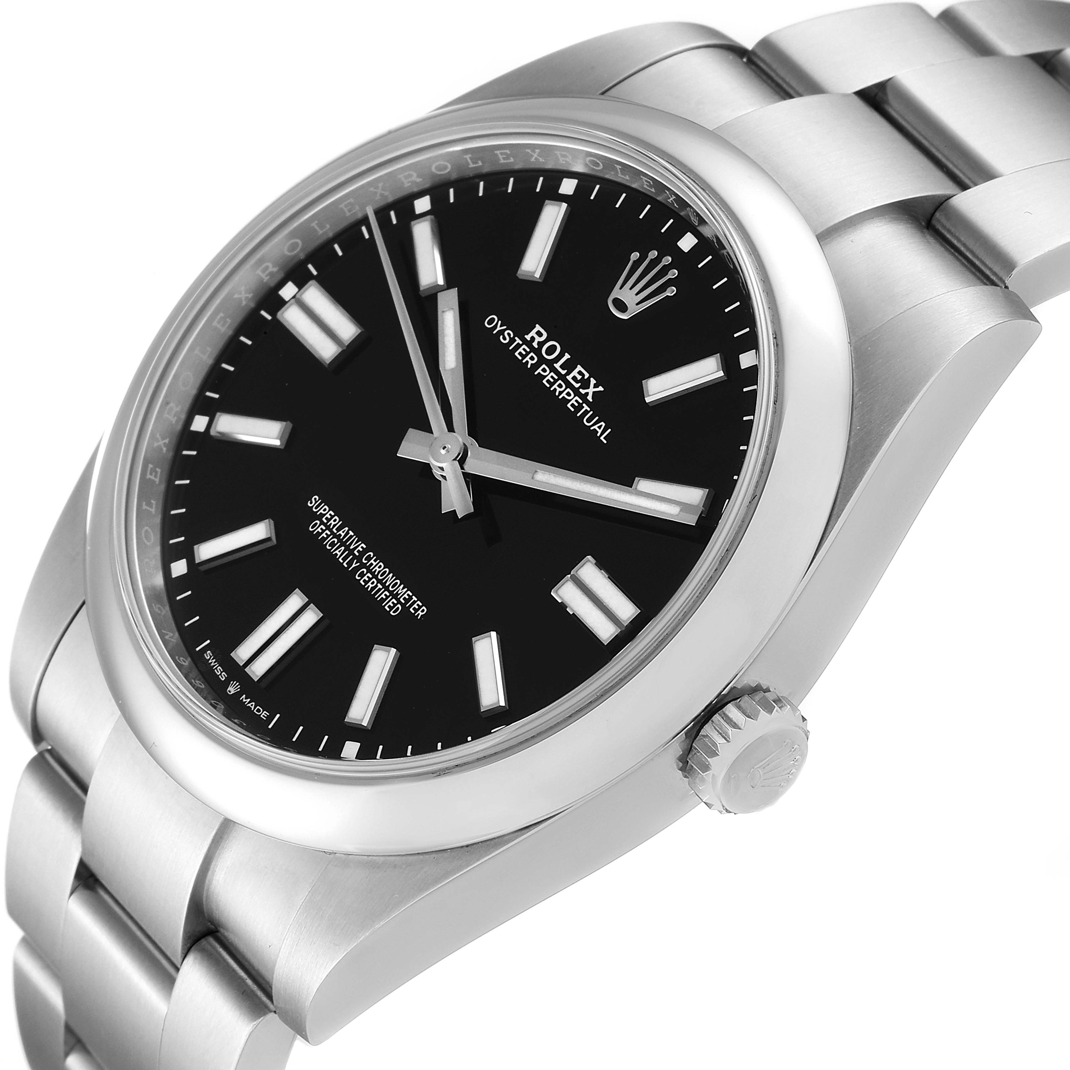 The image shows a tilted side view of a Rolex Oyster Perpetual 124300 Men's Stainless Steel Black Dial 124300 Men's Stainless Steel Black Dial watch, featuring the dial, bracelet, and crown.