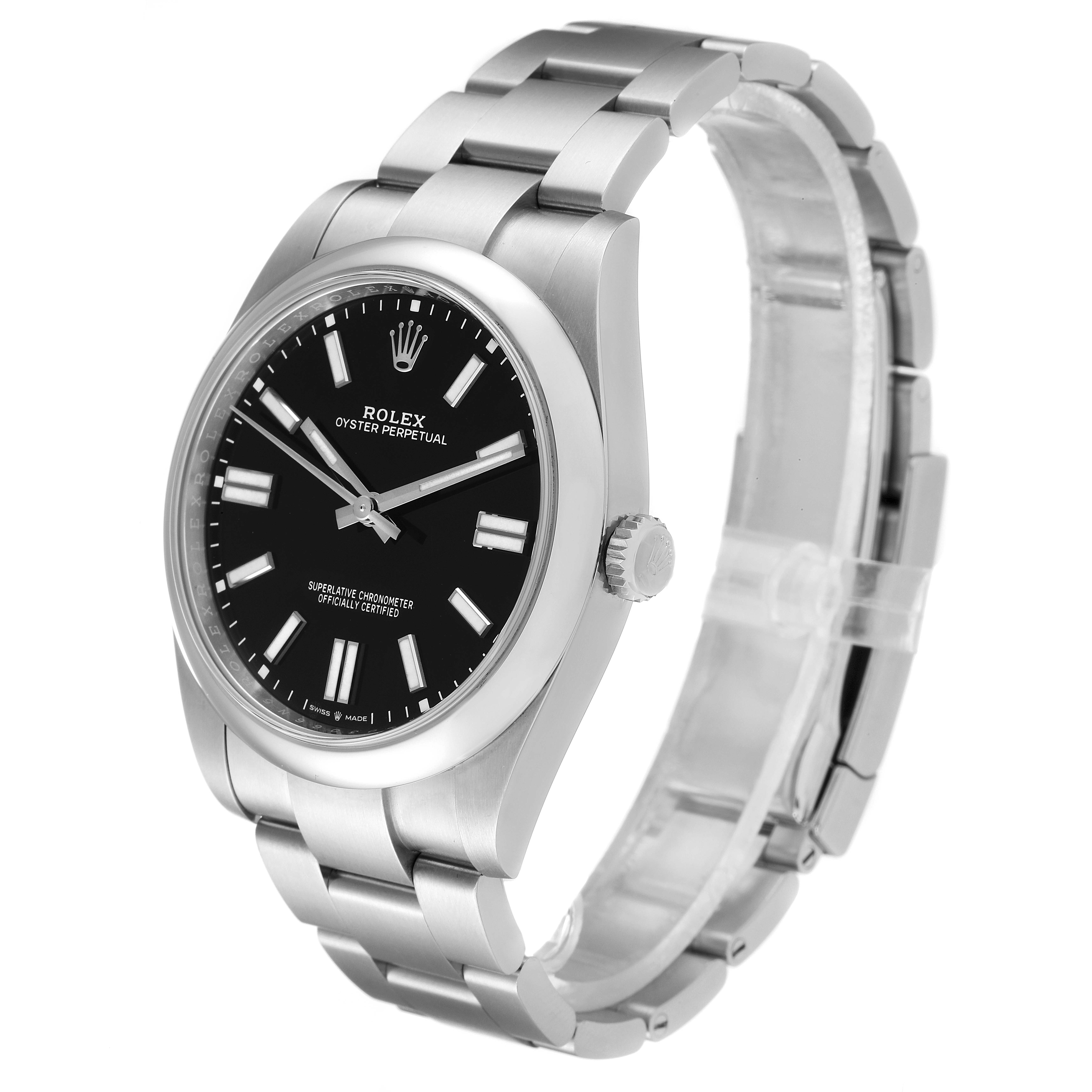 The image shows a Rolex Oyster Perpetual 124300 Men's Stainless Steel Black Dial 124300 Men's Stainless Steel Black Dial watch from a slightly angled side view, highlighting the dial, bezel, crown, and bracelet.