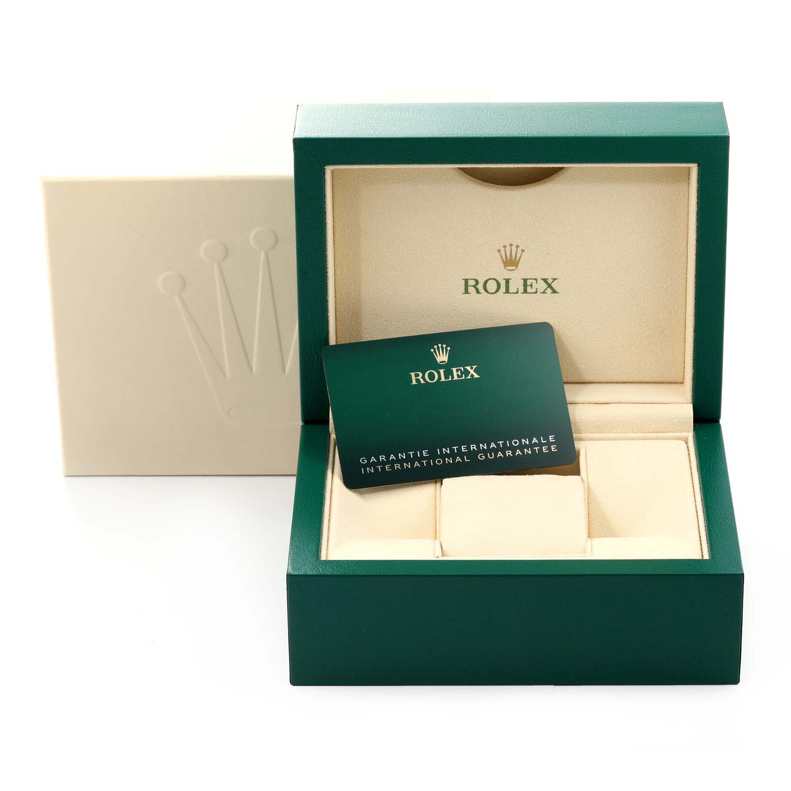 The image shows the open packaging of a Rolex Oyster Perpetual 124300 Men's Stainless Steel Silver Dial 124300 Men's Stainless Steel Silver Dial watch, including the watch box and international guarantee card.