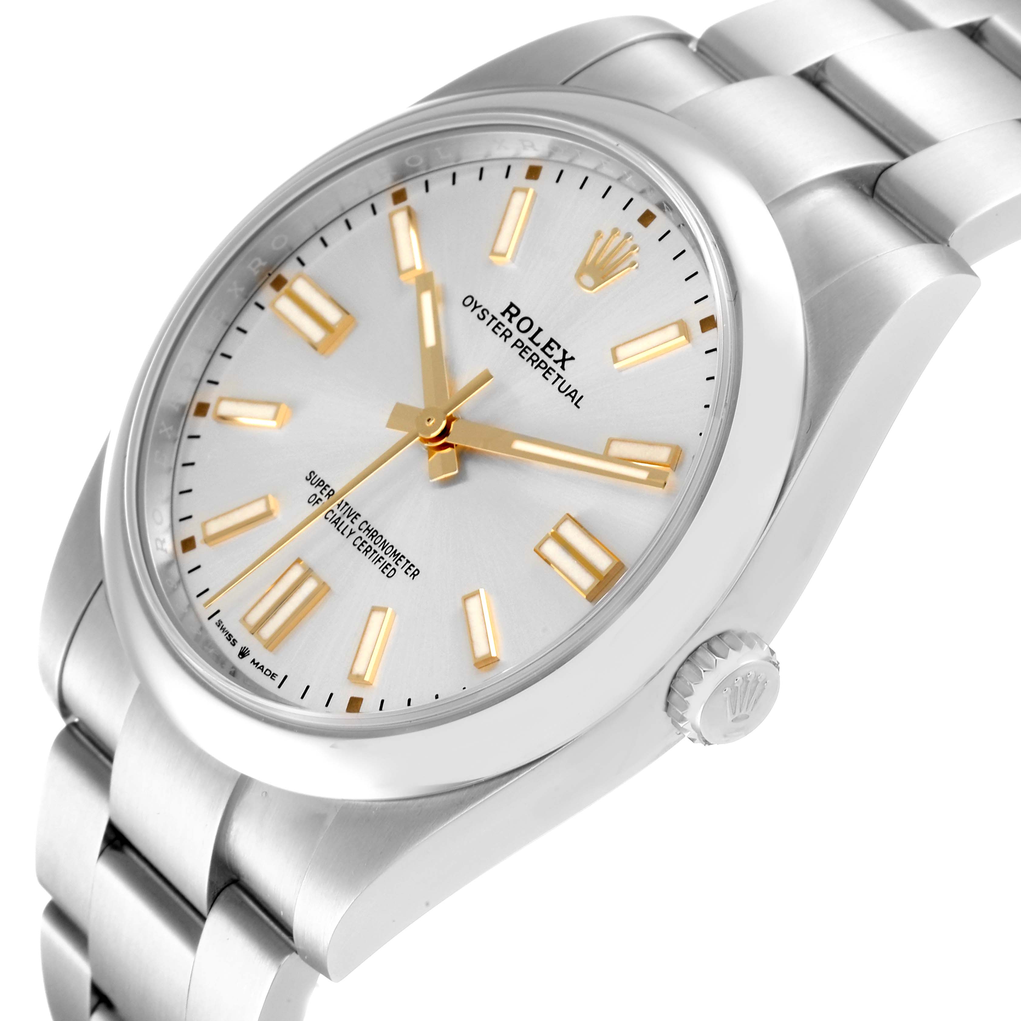 The image shows a close-up, angled view of a Rolex Oyster Perpetual 124300 Men's Stainless Steel Silver Dial 124300 Men's Stainless Steel Silver Dial watch, highlighting the dial, crown, and part of the bracelet.