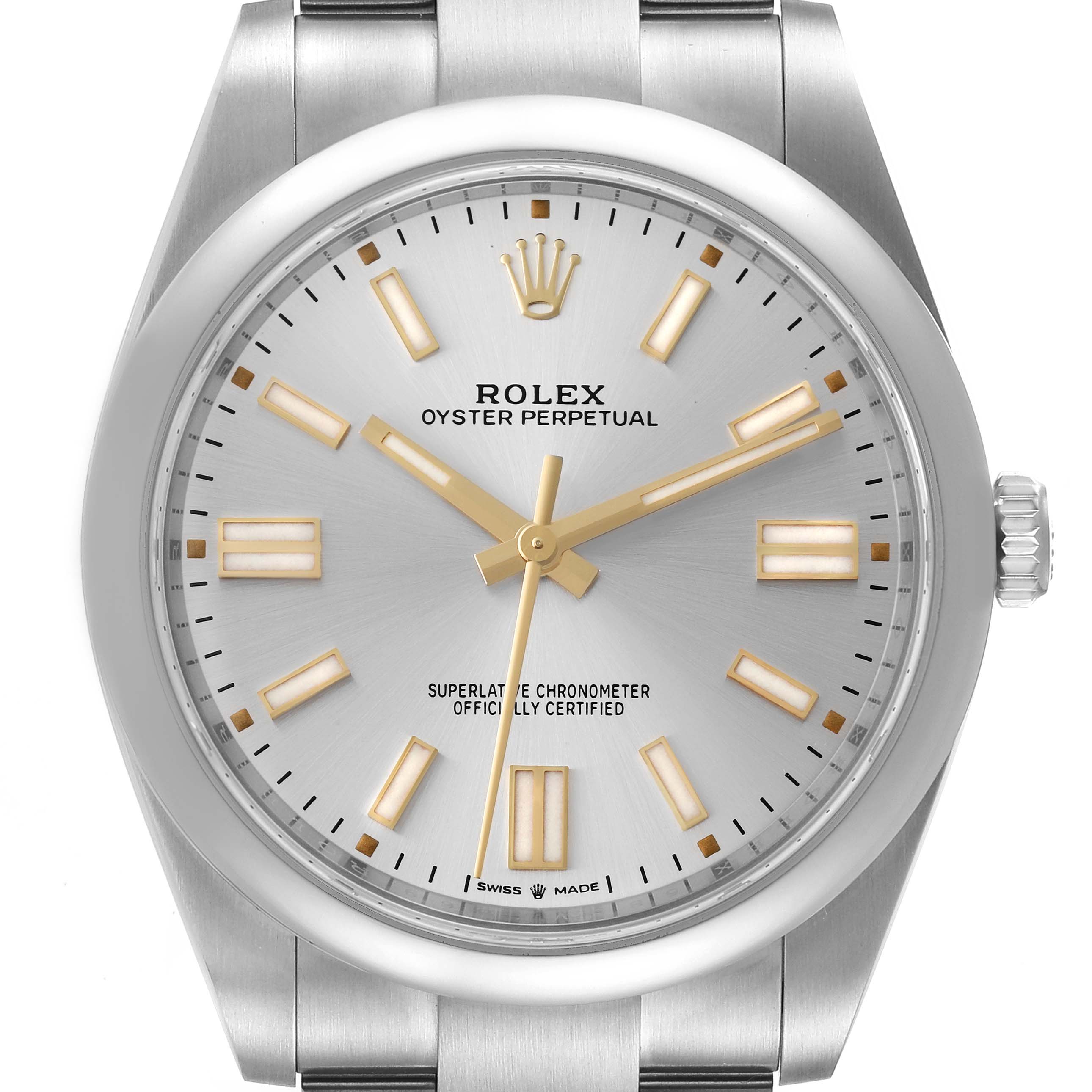 This image shows a close-up of the Rolex Oyster Perpetual 124300 Men's Stainless Steel Silver Dial 124300 Men's Stainless Steel Silver Dial watch face and part of its stainless steel bracelet.