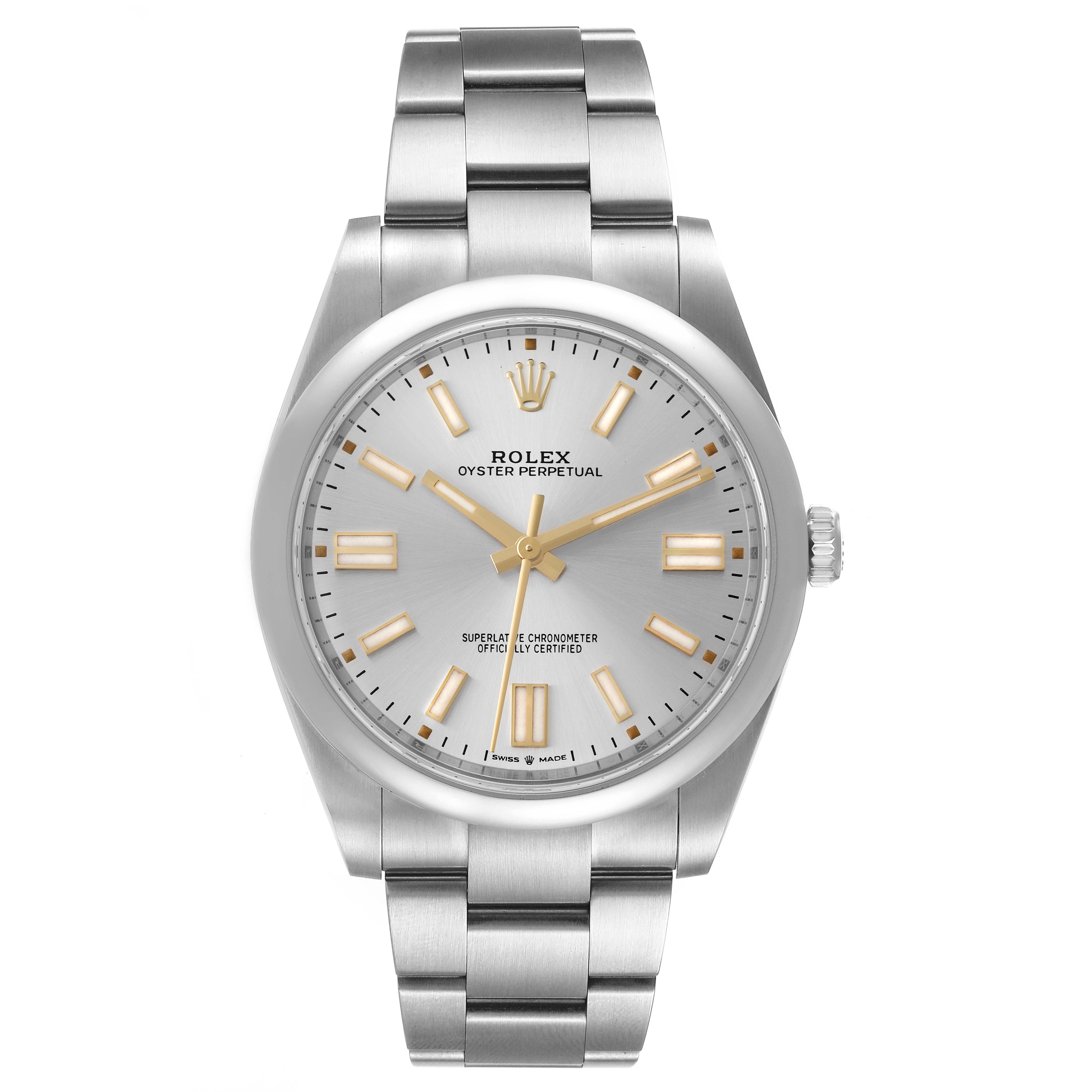 This image shows a front view of the Rolex Oyster Perpetual 124300 Men's Stainless Steel Silver Dial 124300 Men's Stainless Steel Silver Dial watch, highlighting its face and bracelet.