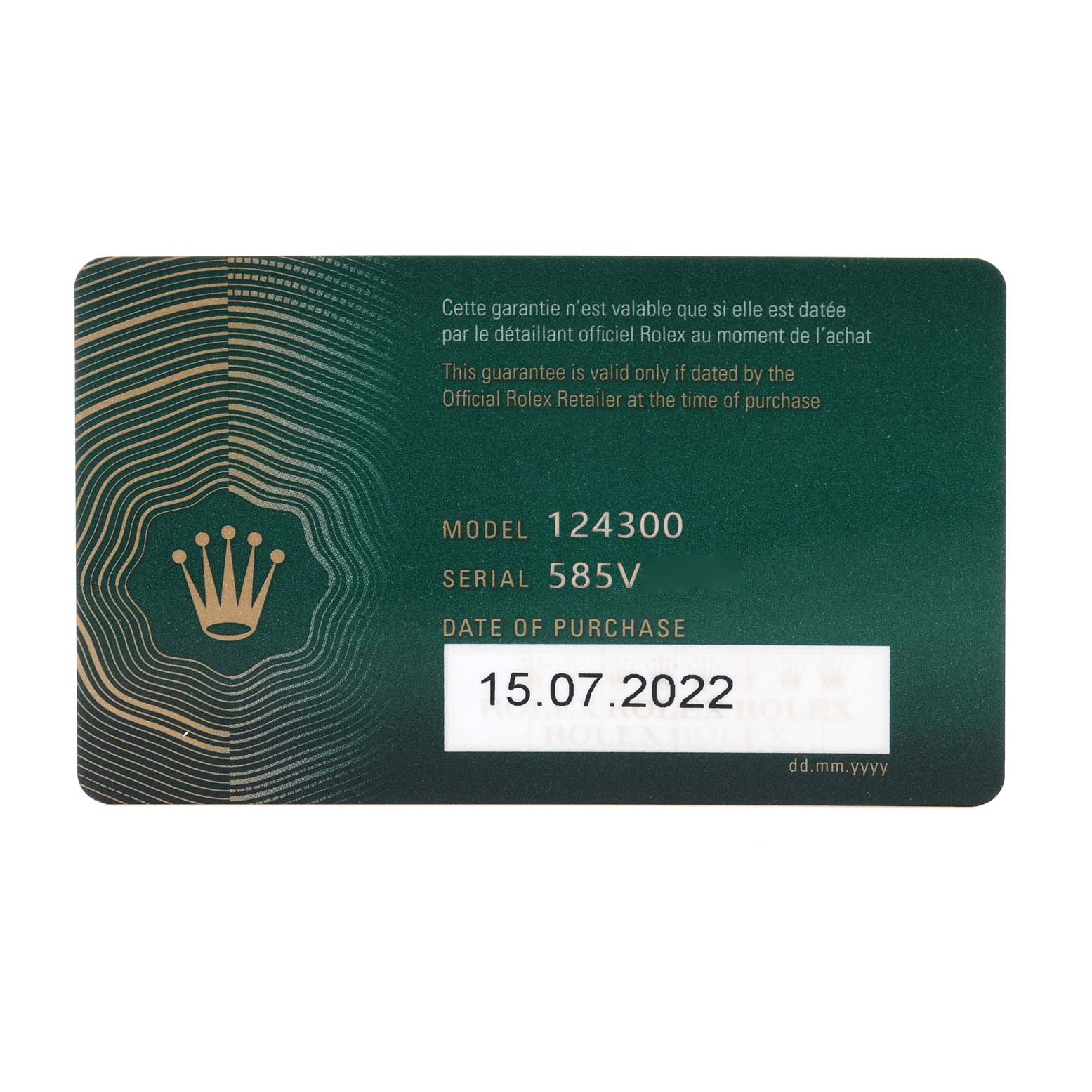 The image shows the warranty card for a Rolex Oyster Perpetual 124300 Men's Stainless Steel Silver Dial 124300 Men's Stainless Steel Silver Dial, model 124300.