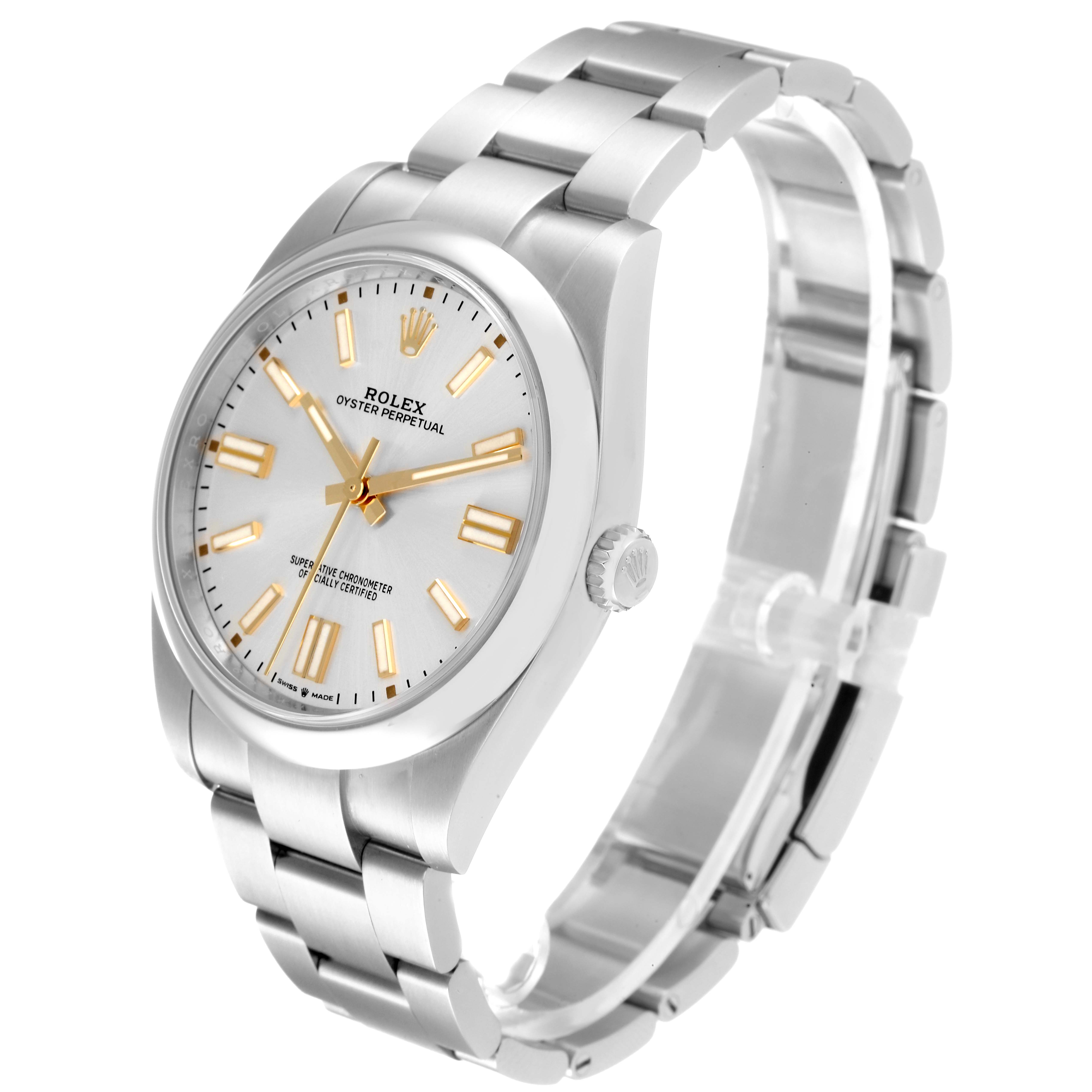 The image shows a Rolex Oyster Perpetual 124300 Men's Stainless Steel Silver Dial 124300 Men's Stainless Steel Silver Dial watch at a three-quarter angle, highlighting the face, bracelet, and crown.